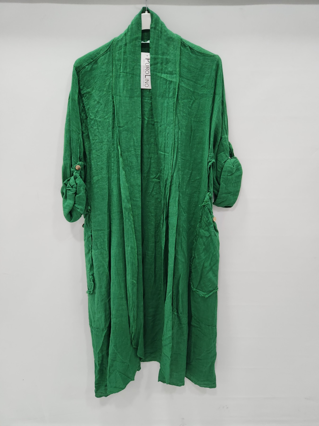 Kadın Yeşil İtalyan Katlanabilir Kollu Cepli Uzun Keten Kaftan