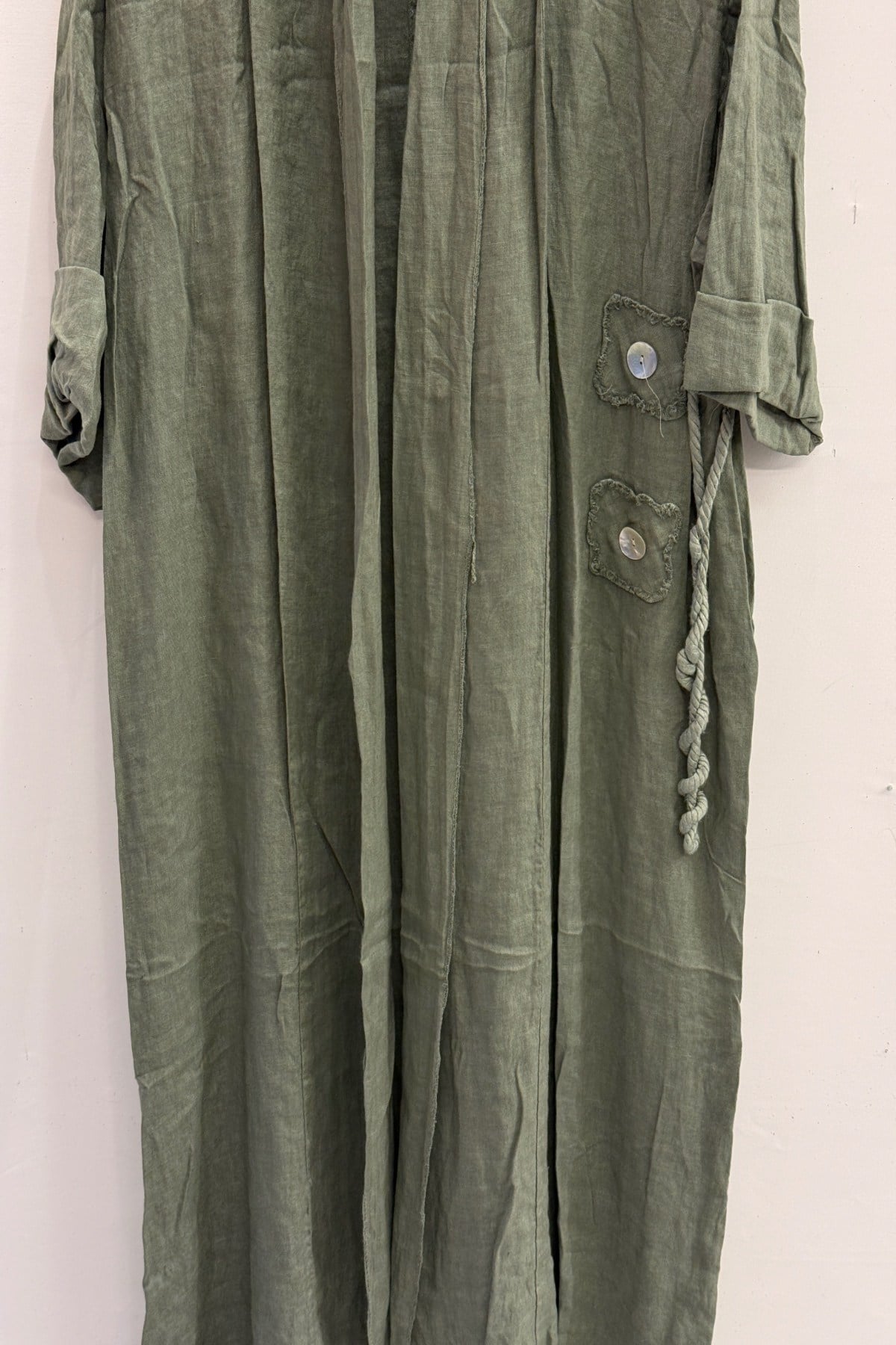 Khaki Kadın İtalyan Etek Ucu Düğme Yırtmaçlı Uzun Oversize Keten Kaftan 38 - 46 Beden