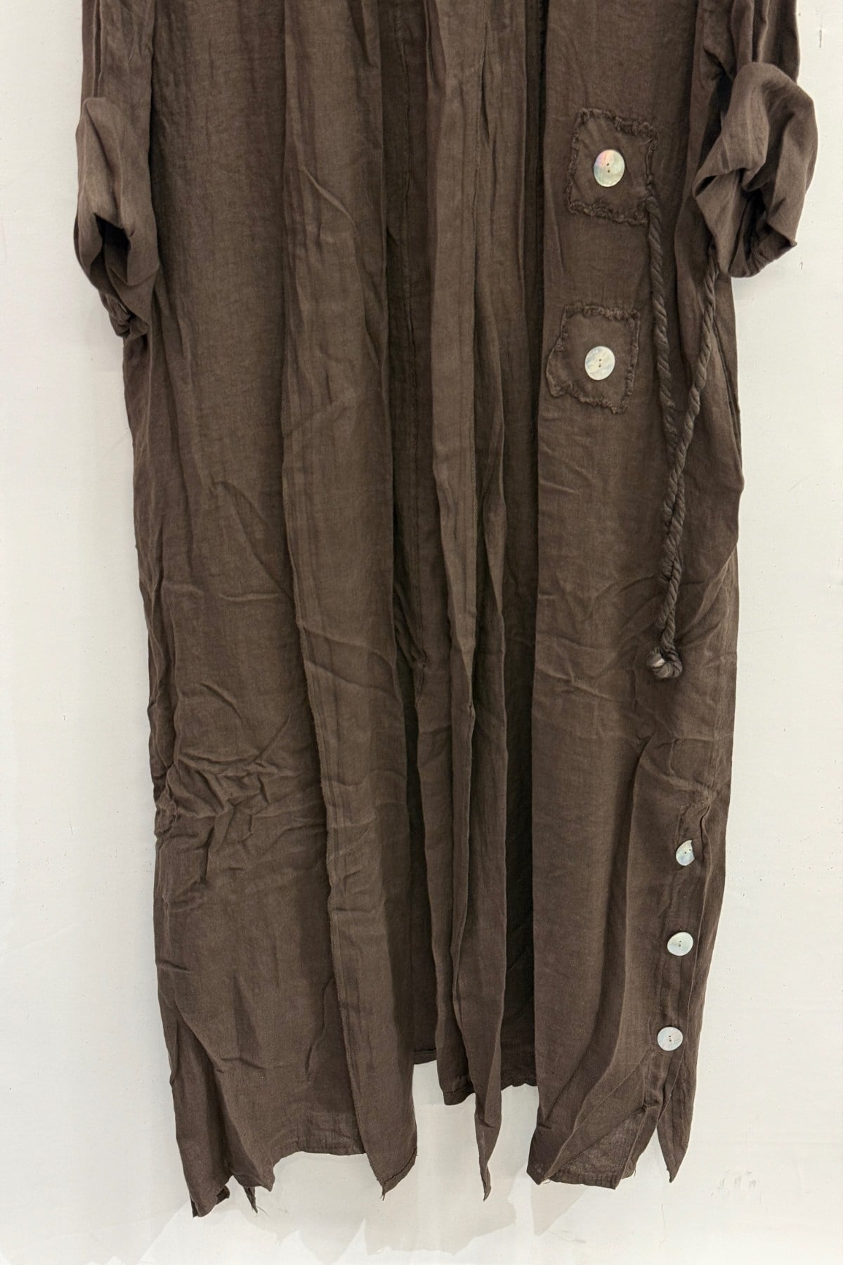 Moro Kadın İtalyan Etek Ucu Düğme Yırtmaçlı Uzun Oversize Keten Kaftan 38 - 46 Beden
