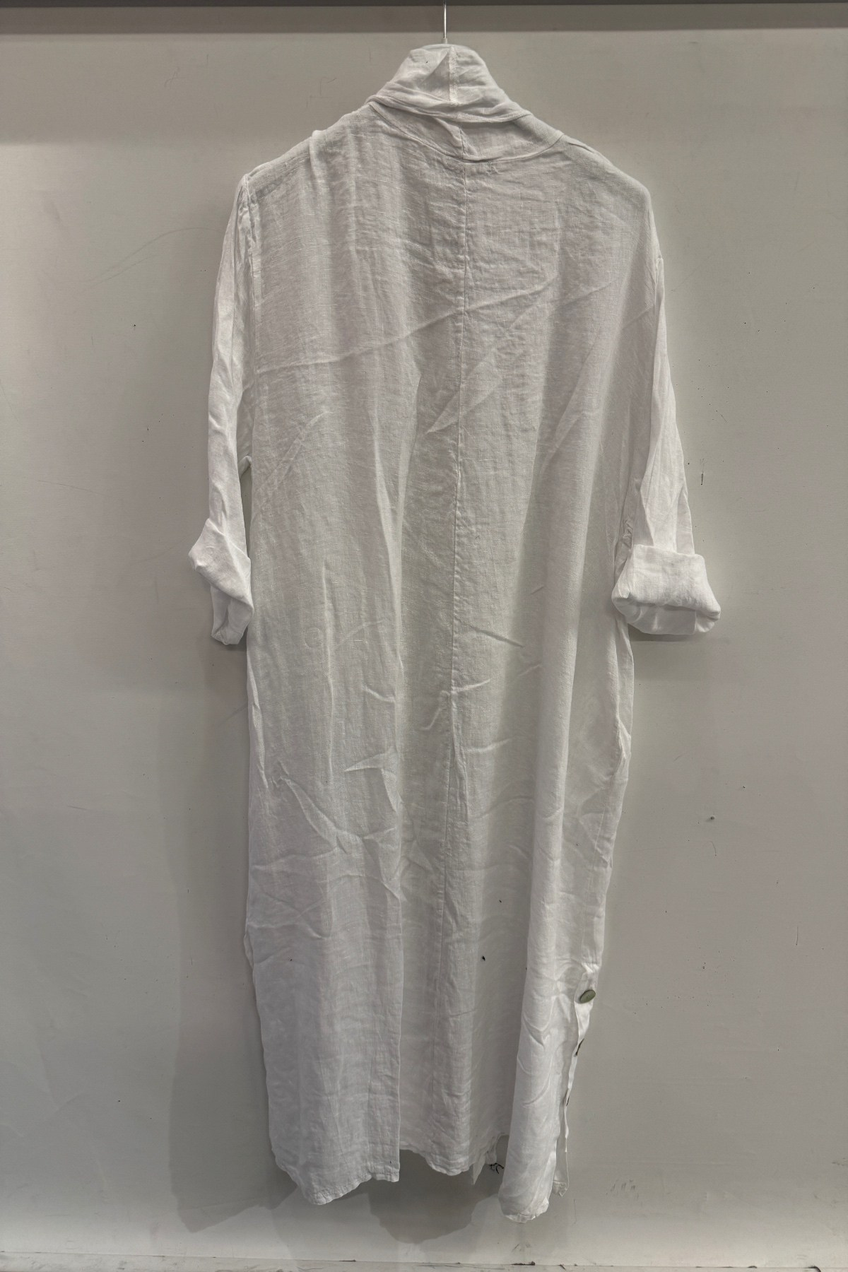 White Kadın İtalyan Etek Ucu Düğme Yırtmaçlı Uzun Oversize Keten Kaftan 38 - 46 Beden