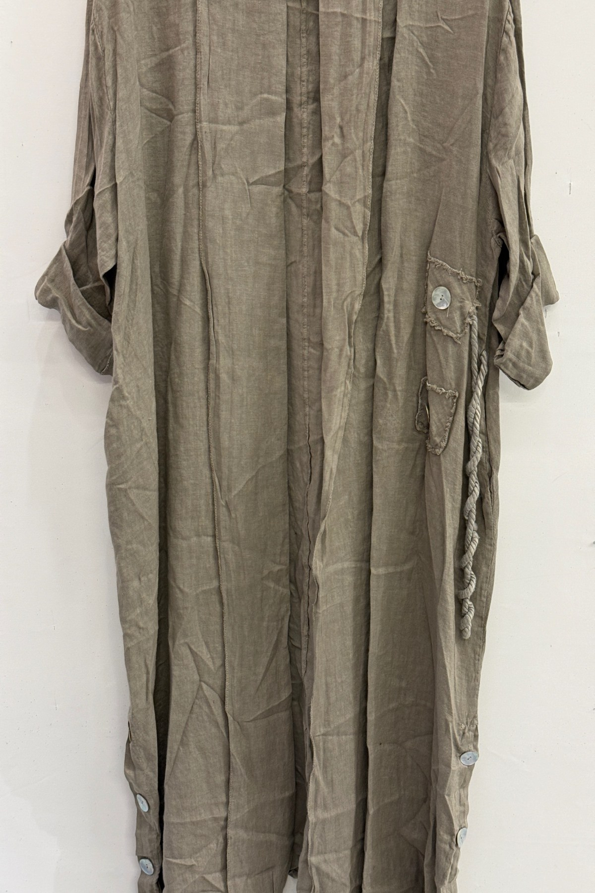 Fango Kadın İtalyan Etek Ucu Düğme Yırtmaçlı Uzun Oversize Keten Kaftan 38 - 46 Beden