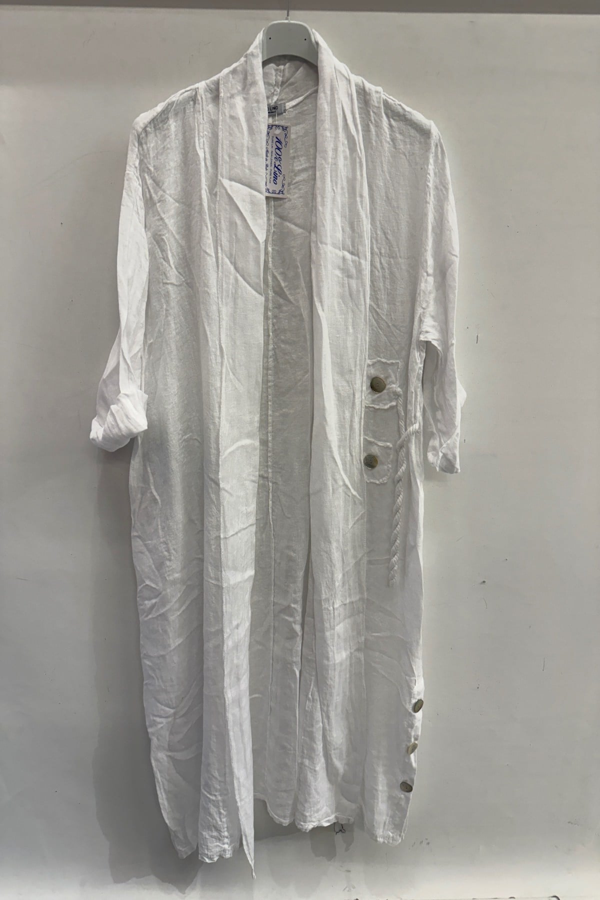 White Kadın İtalyan Etek Ucu Düğme Yırtmaçlı Uzun Oversize Keten Kaftan 38 - 46 Beden