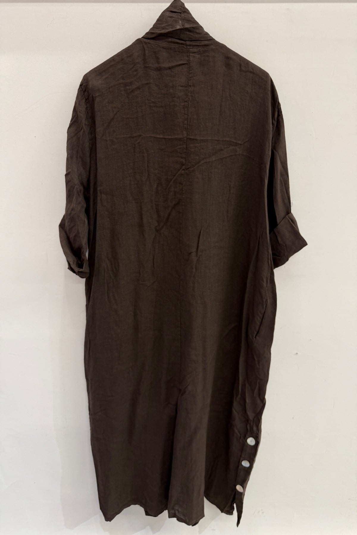 Moro Kadın İtalyan Etek Ucu Düğme Yırtmaçlı Uzun Oversize Keten Kaftan 38 - 46 Beden