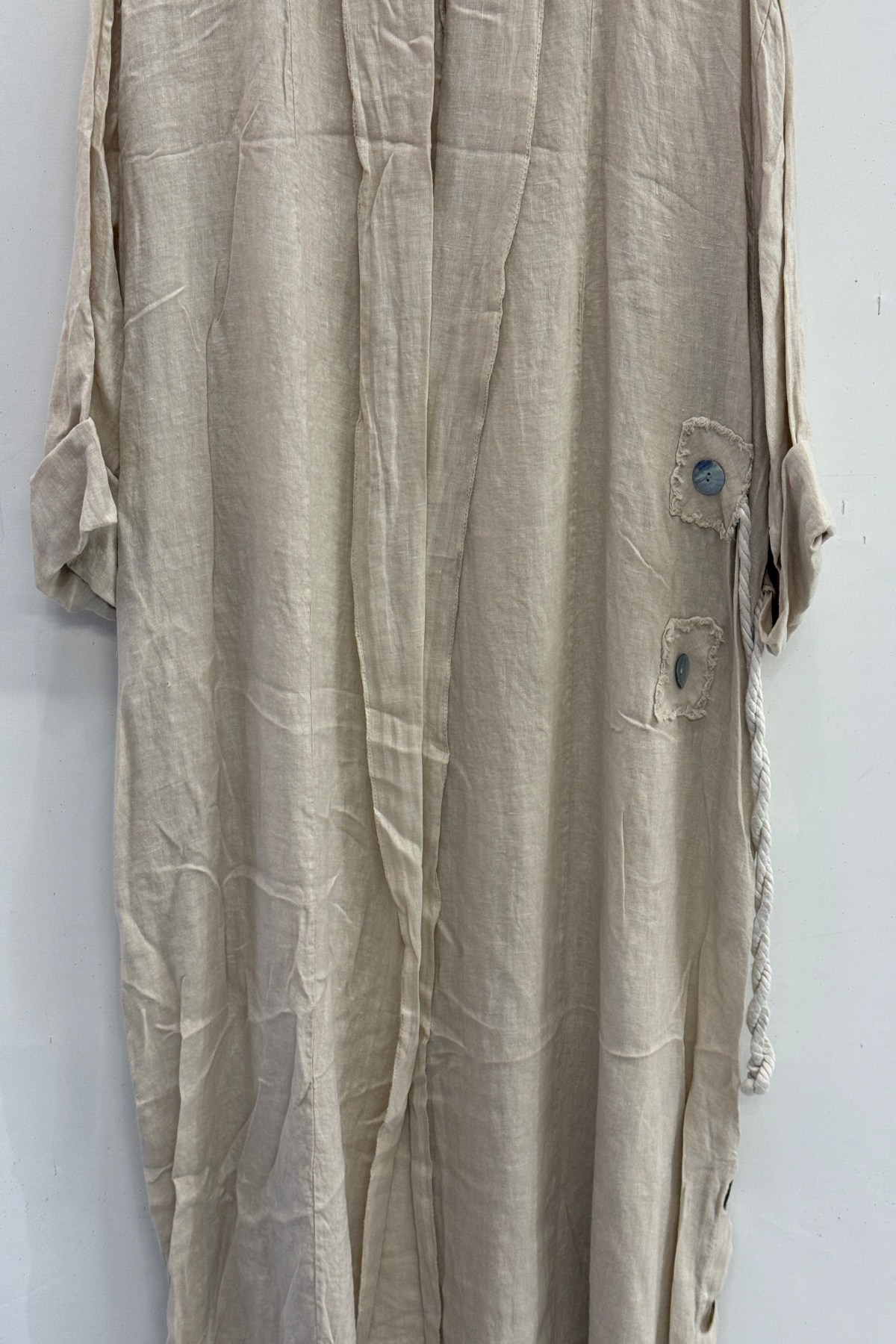 Beige Kadın İtalyan Etek Ucu Düğme Yırtmaçlı Uzun Oversize Keten Kaftan 38 - 46 Beden