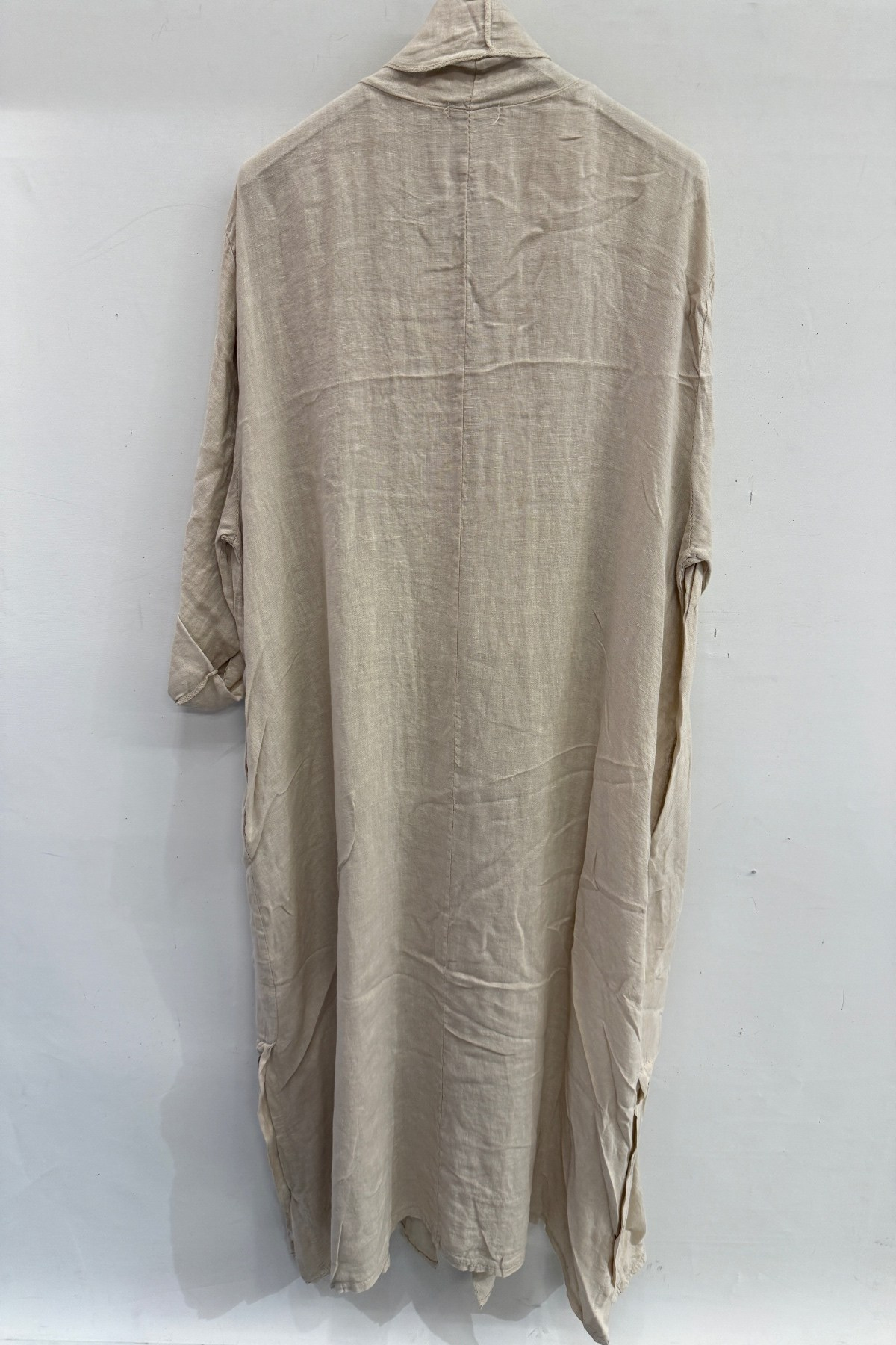 Beige Kadın İtalyan Etek Ucu Düğme Yırtmaçlı Uzun Oversize Keten Kaftan 38 - 46 Beden