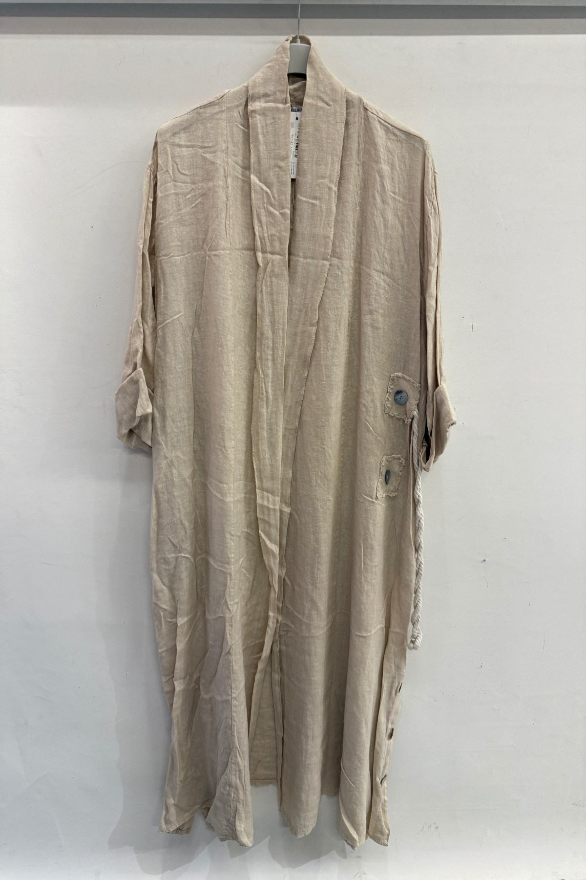 Beige Kadın İtalyan Etek Ucu Düğme Yırtmaçlı Uzun Oversize Keten Kaftan 38 - 46 Beden