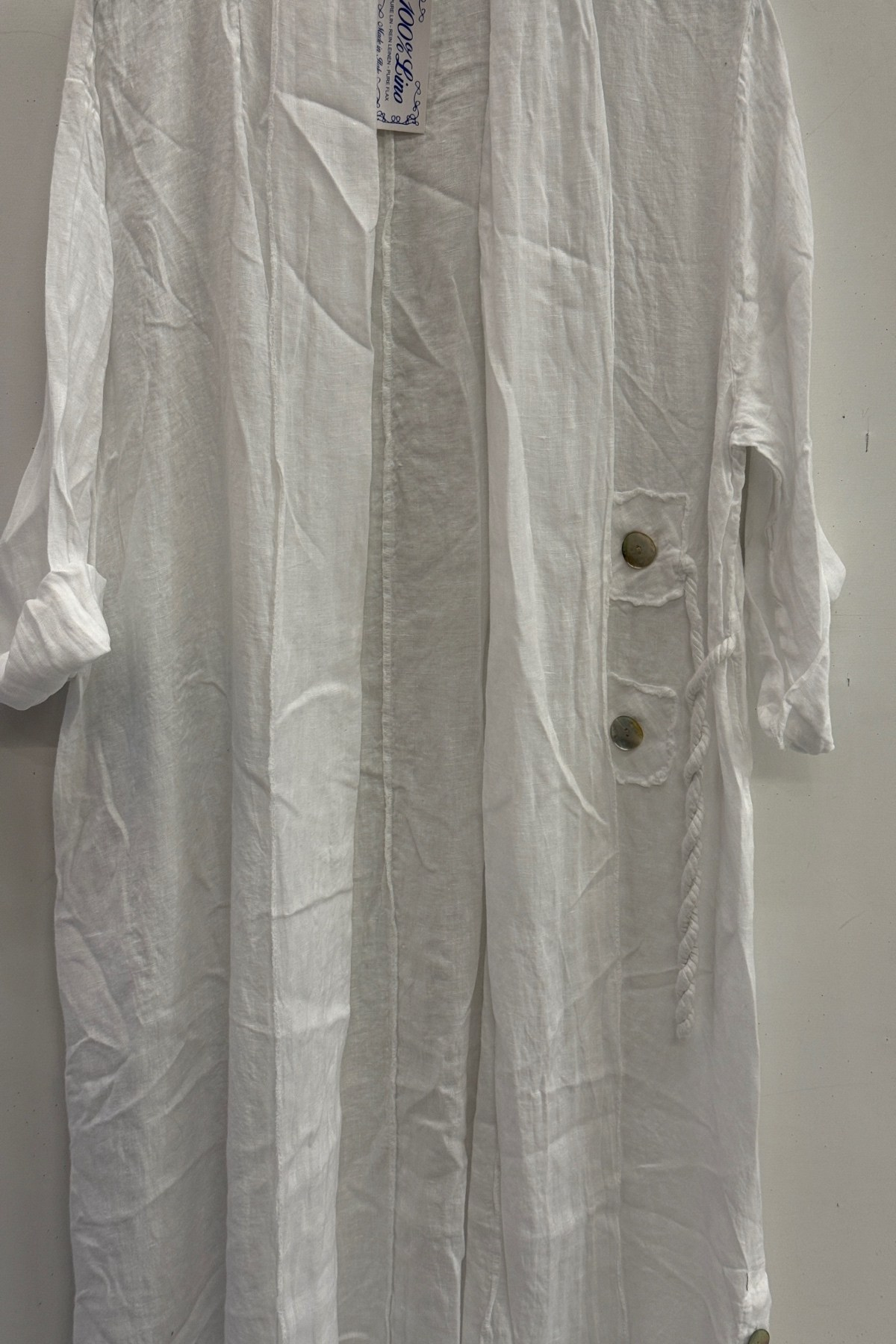 White Kadın İtalyan Etek Ucu Düğme Yırtmaçlı Uzun Oversize Keten Kaftan 38 - 46 Beden