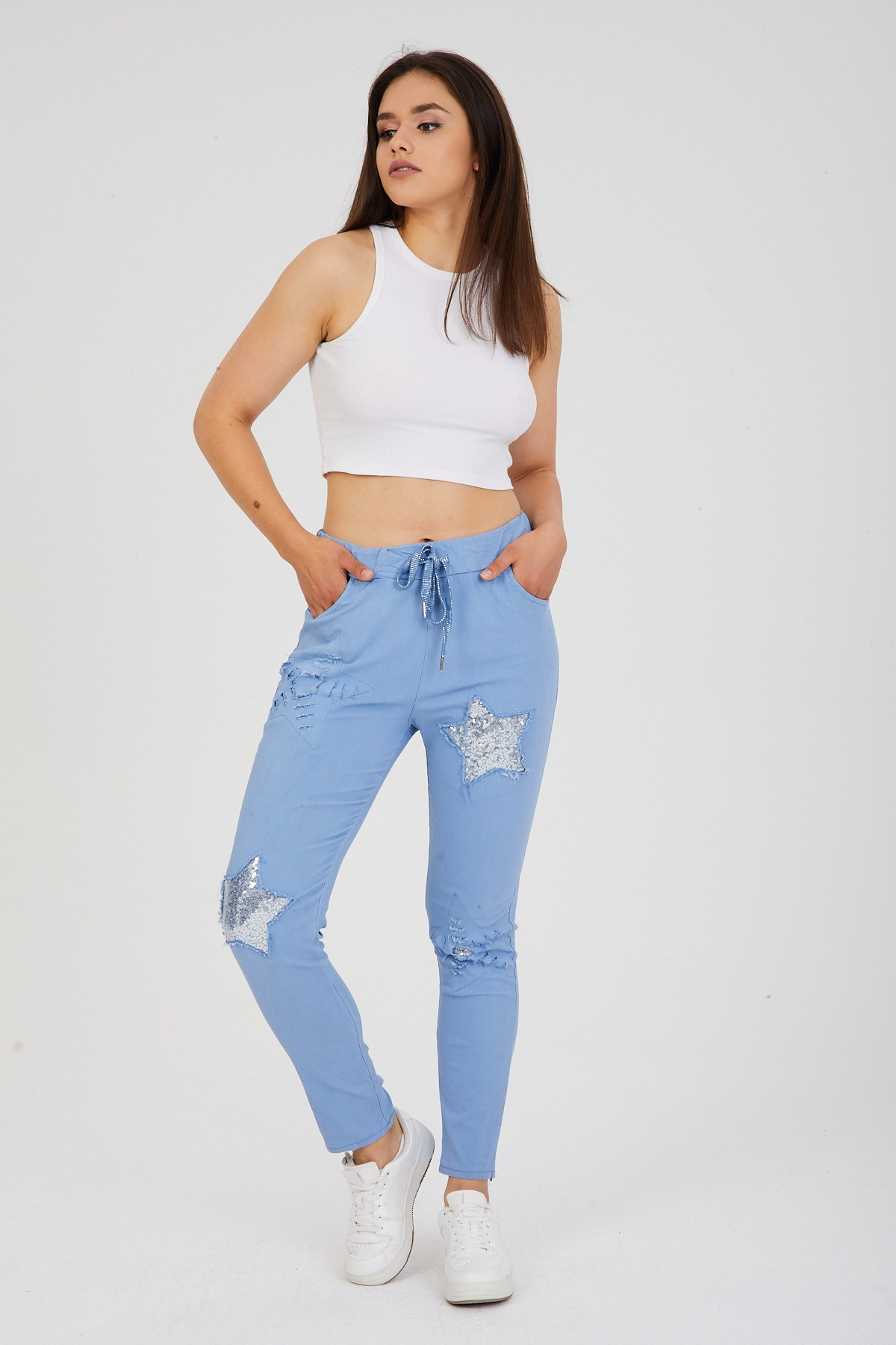 Jeans Kadın İtalyan Yıldız Desenli Pul Payetli Likralı Pantolon