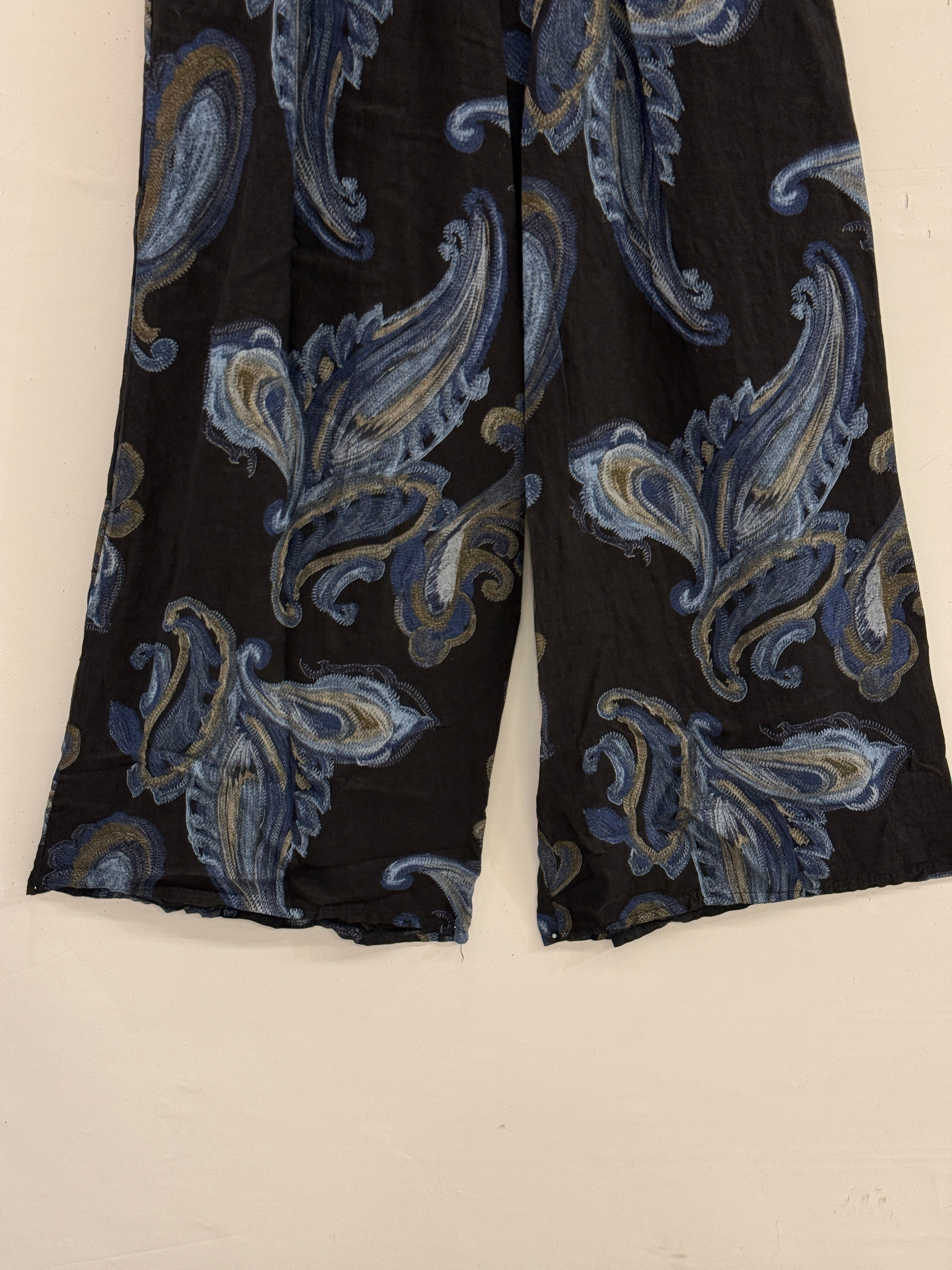 Black Kadın İtalyan Beli Lastikli Hasır Kemerli Etnik Şal Desenli Bol Paça Pantolon 38 - 44 Beden