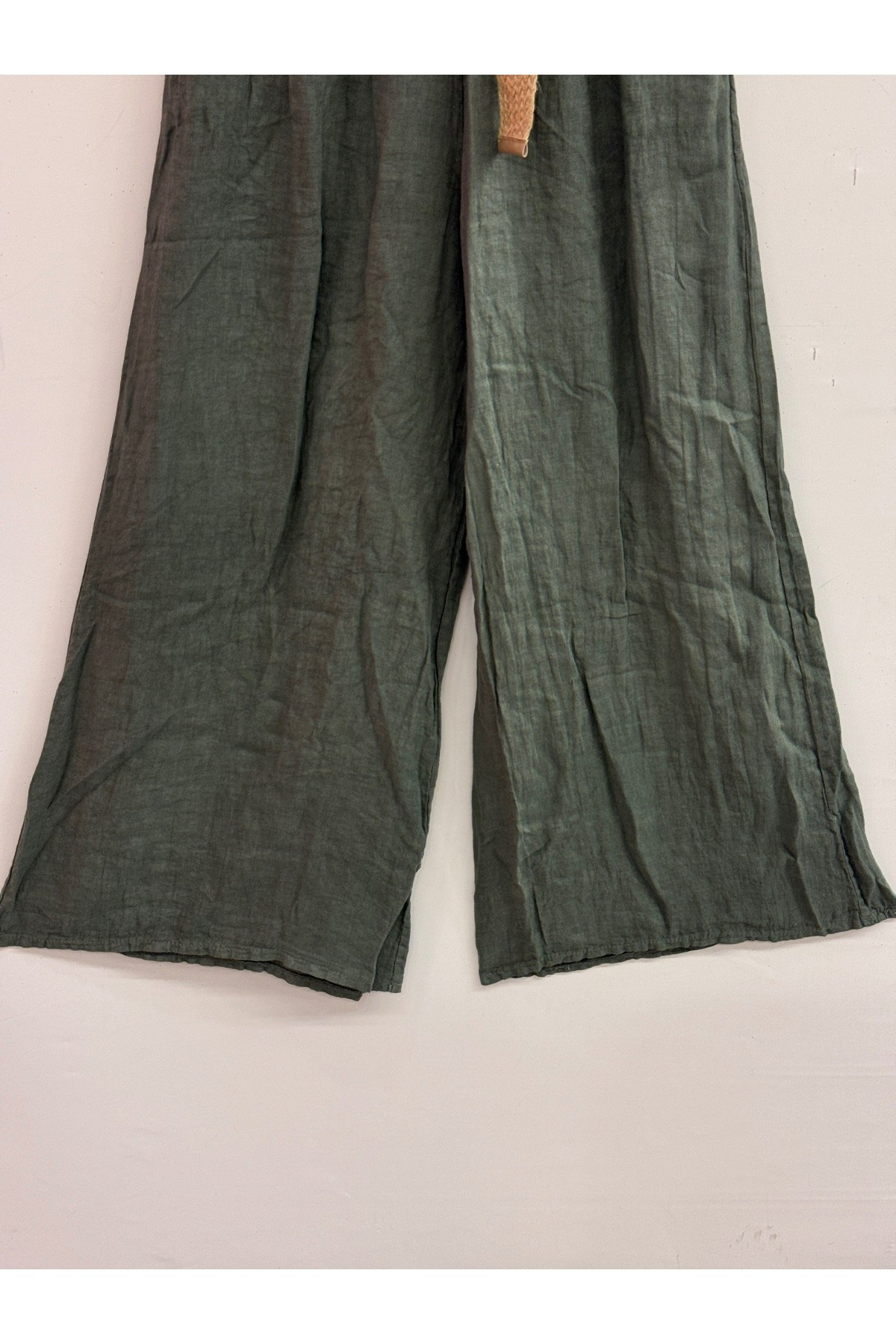 Haki Kadın İtalyan Beli Lastikli Kemerli Bol Paça Keten Pantolon