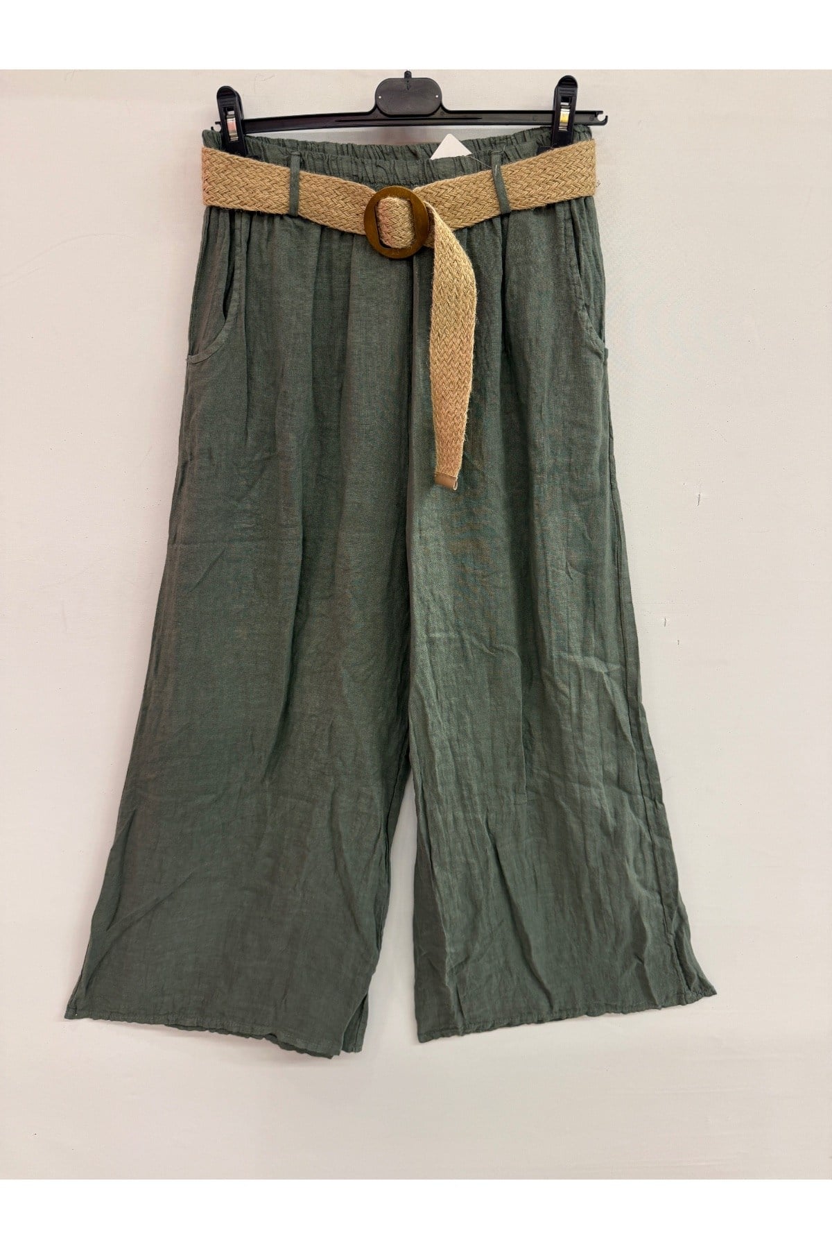 Haki Kadın İtalyan Beli Lastikli Kemerli Bol Paça Keten Pantolon