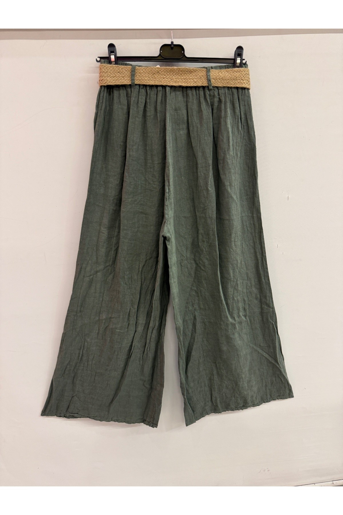 Haki Kadın İtalyan Beli Lastikli Kemerli Bol Paça Keten Pantolon