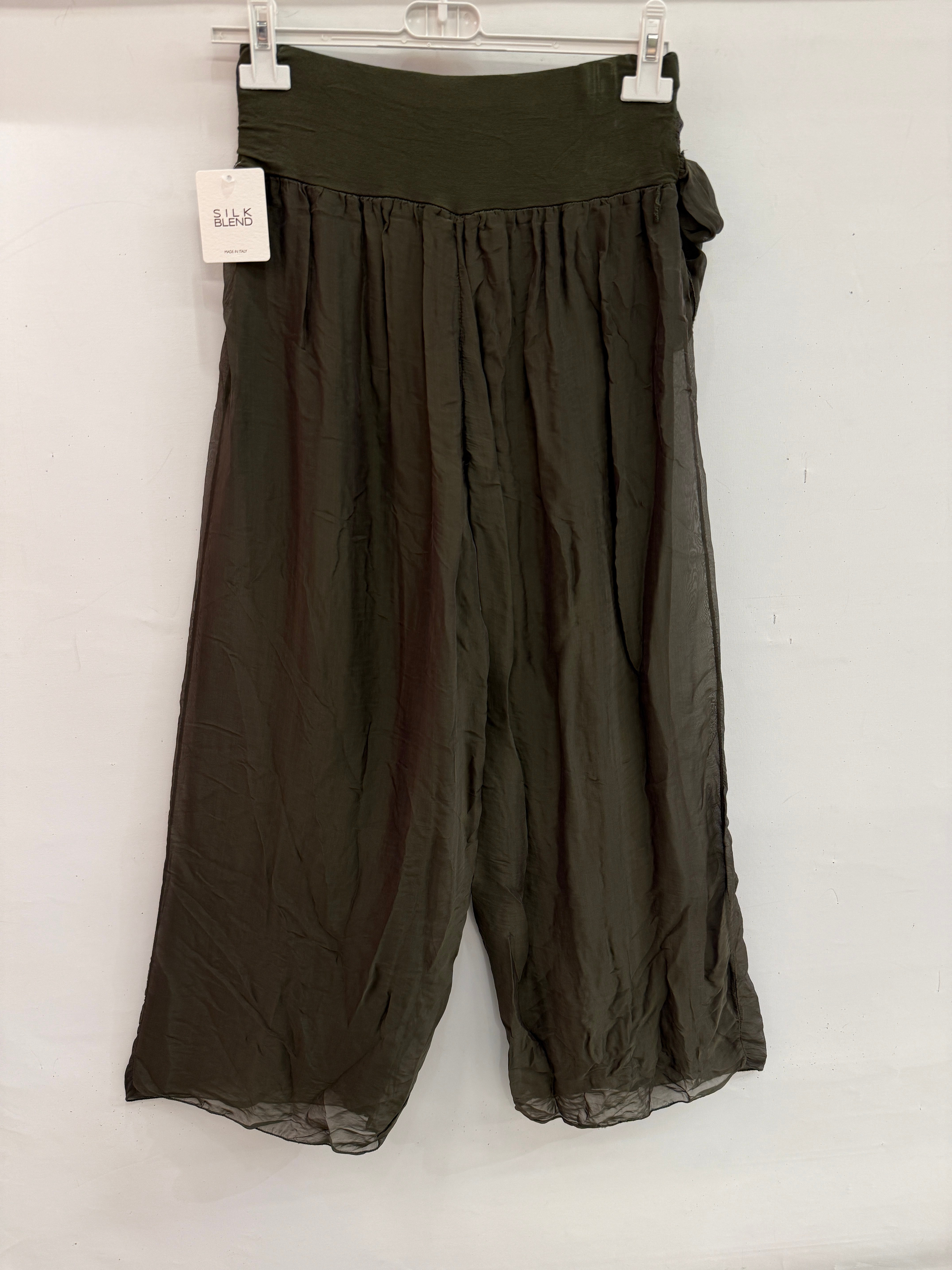 Haki Kadın İtalyan Beli İpek Kuşaklı Bol Paça Astarlı İpek Pantolon 36 - 42 Beden
