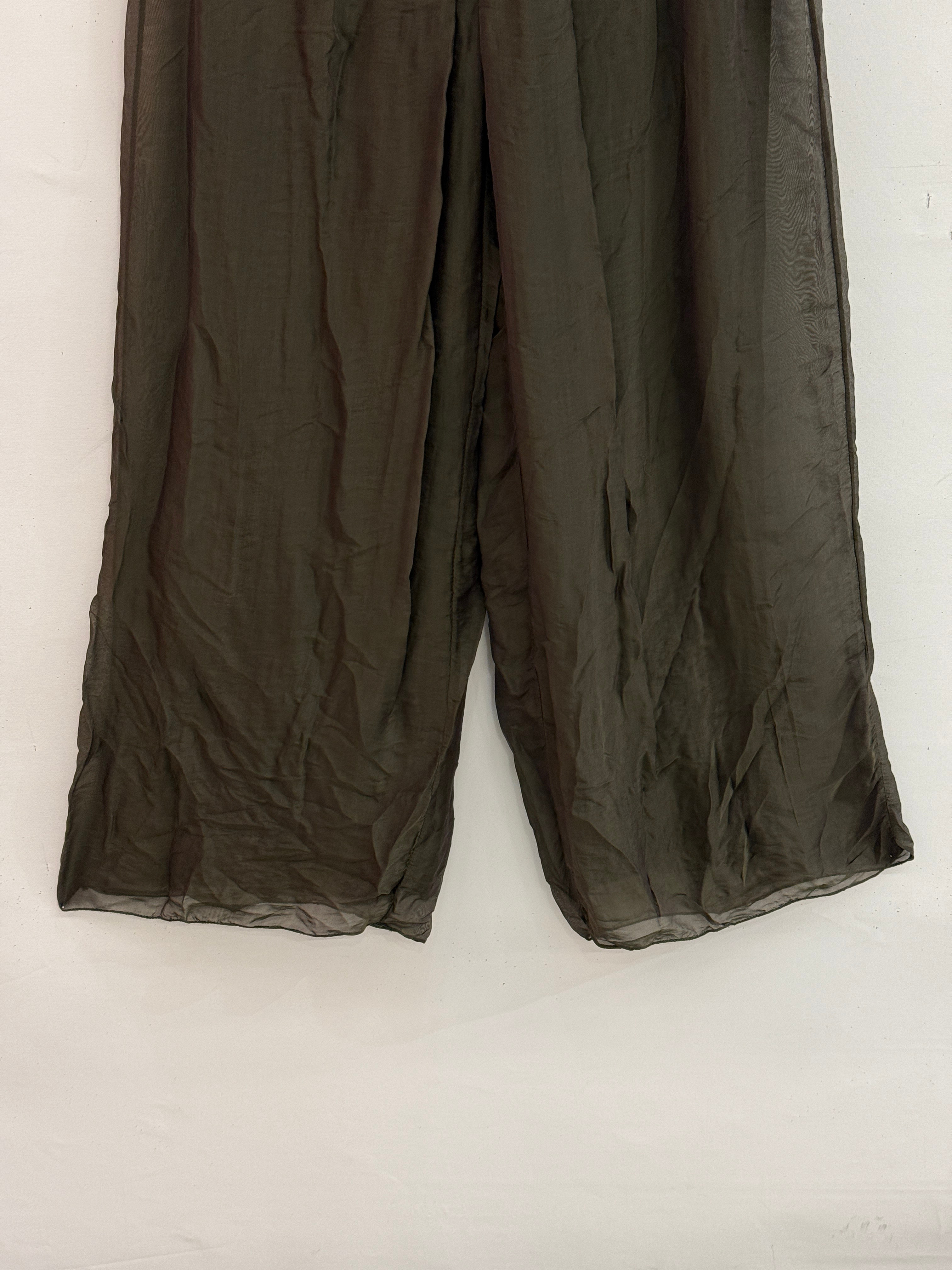 Haki Kadın İtalyan Beli İpek Kuşaklı Bol Paça Astarlı İpek Pantolon 36 - 42 Beden