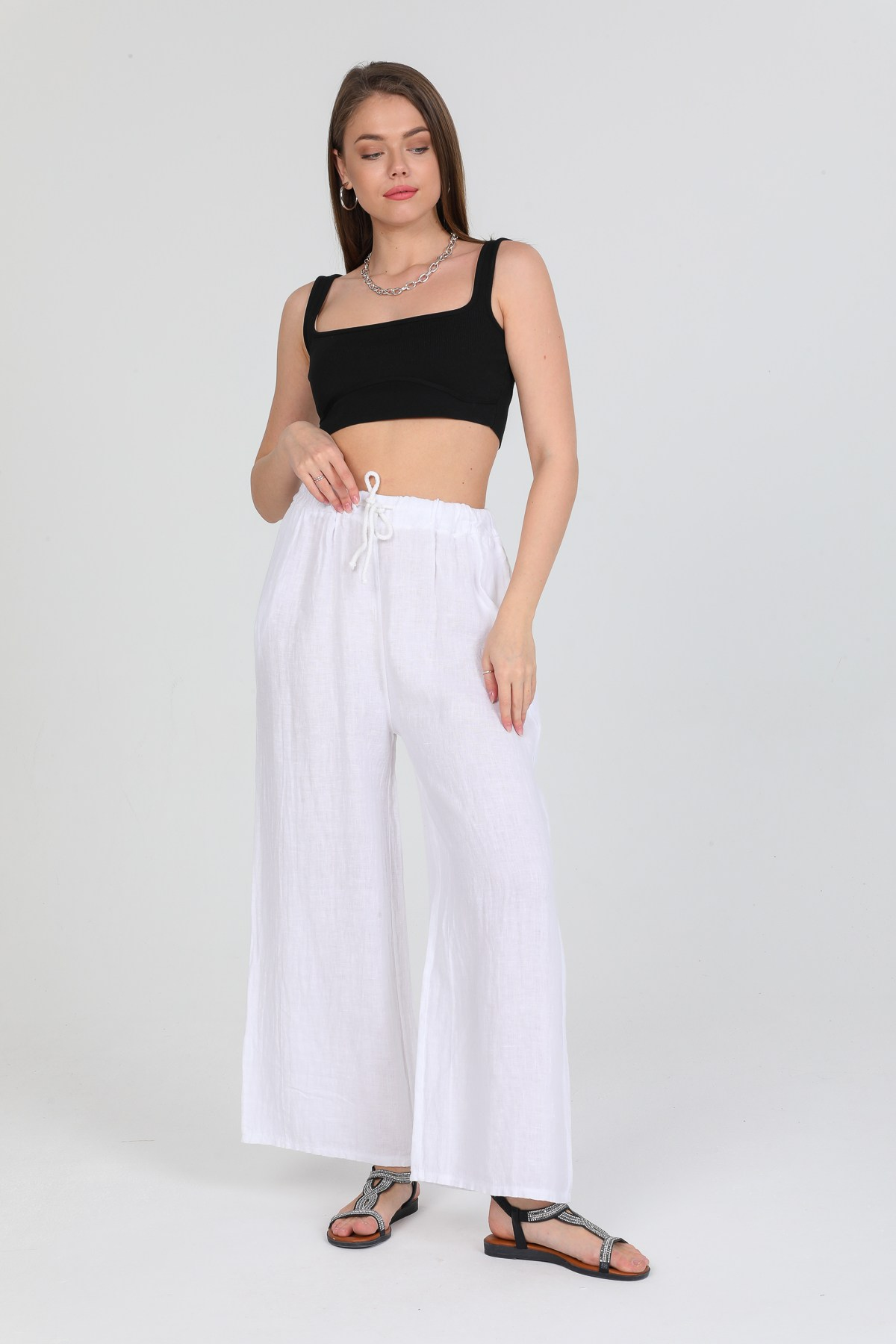 Bianco Kadın İtalyan Beli Bağcıklı Bol Paça Keten Pantolon 40 - 44 Beden
