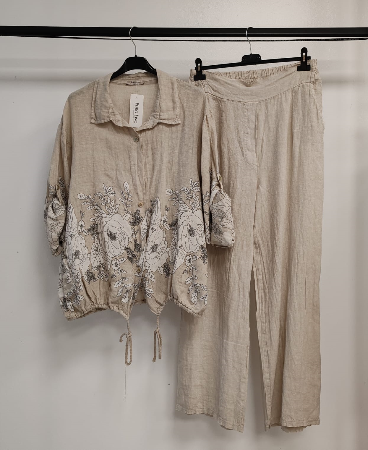 Kadın Bej İtalyan Çiçek Desenli Oversize Keten Alt Üst Takım 40 - 44 Beden