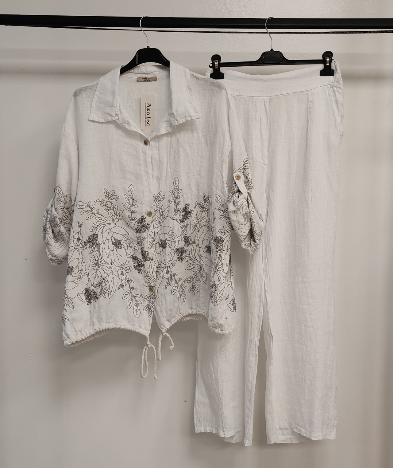 Kadın Beyaz İtalyan Çiçek Desenli Oversize Keten Alt Üst Takım 40 - 44 Beden
