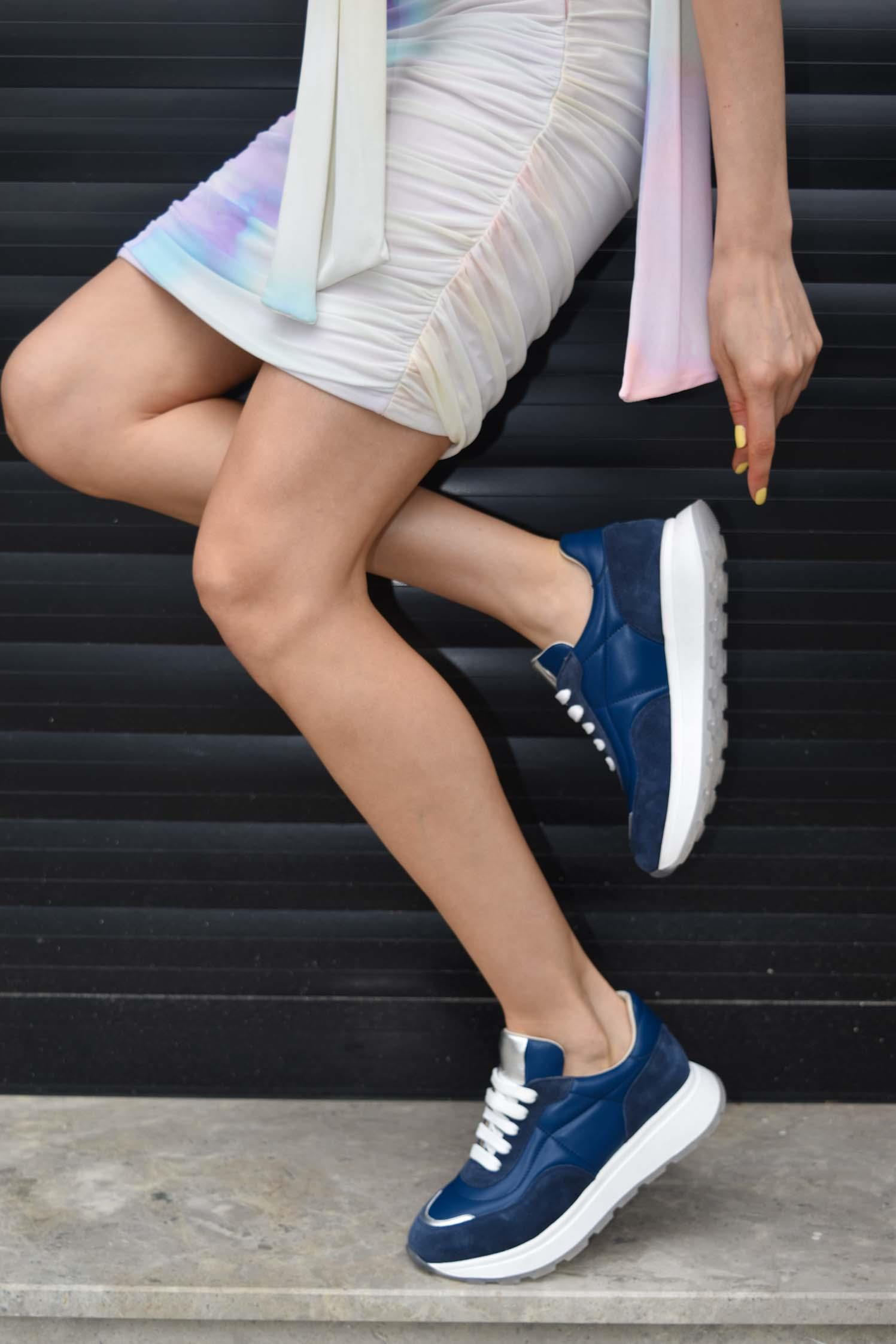 Blue Lacivert Deri Kadın Sneaker