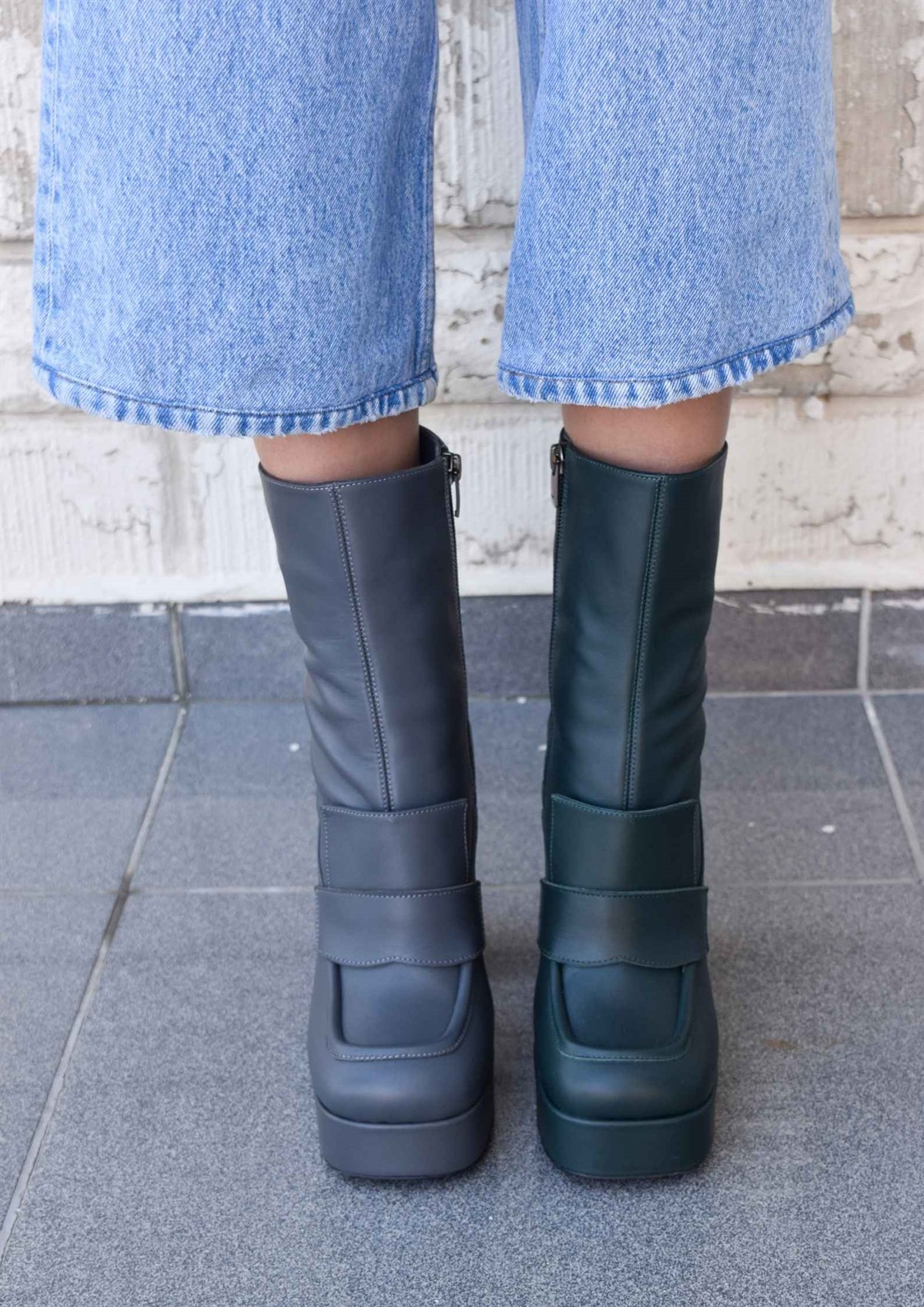 Bratz Gri Deri Platform Kadın Topuklu Bot 