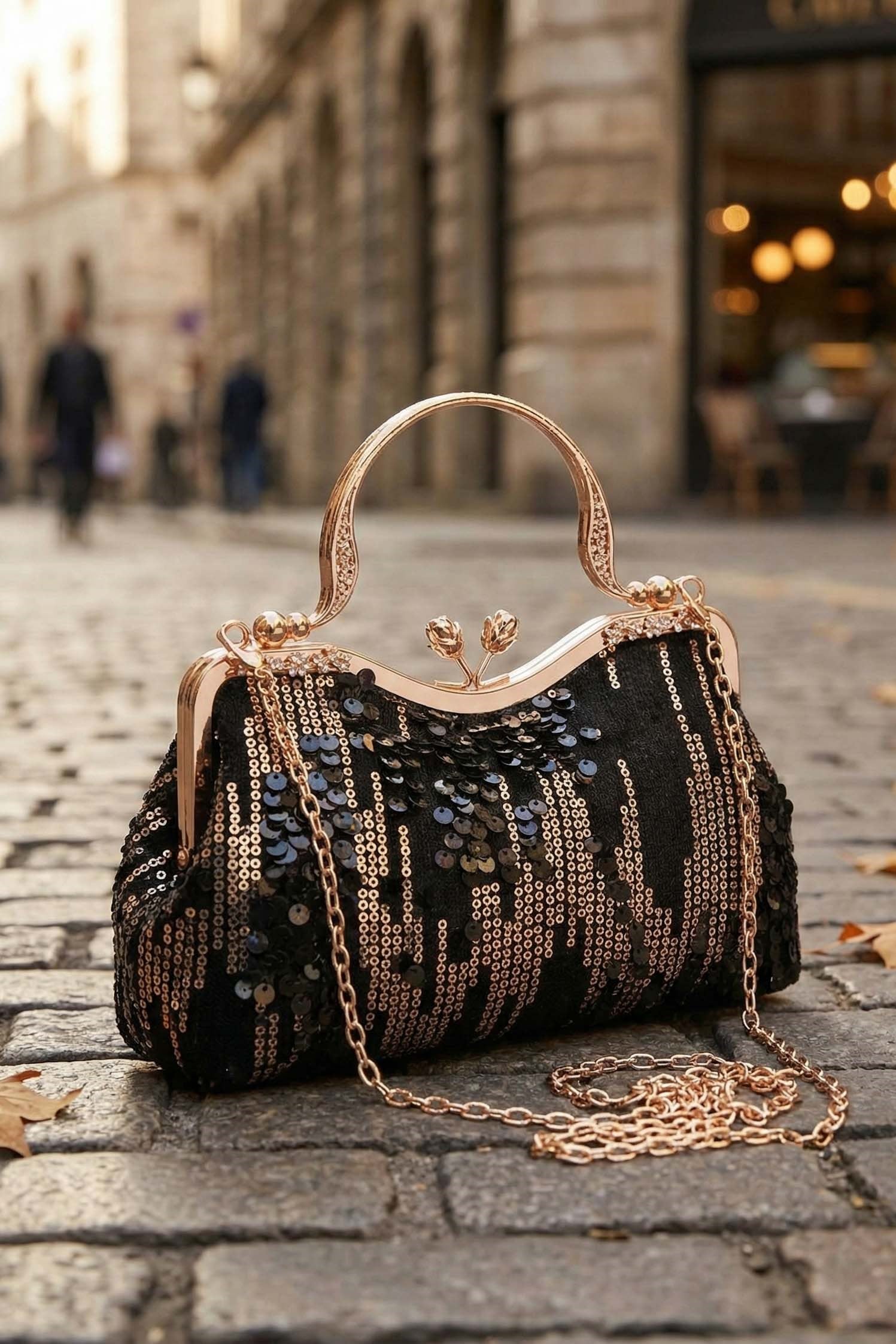 Kadın Siyah Kadife Gold Pullu Clutch