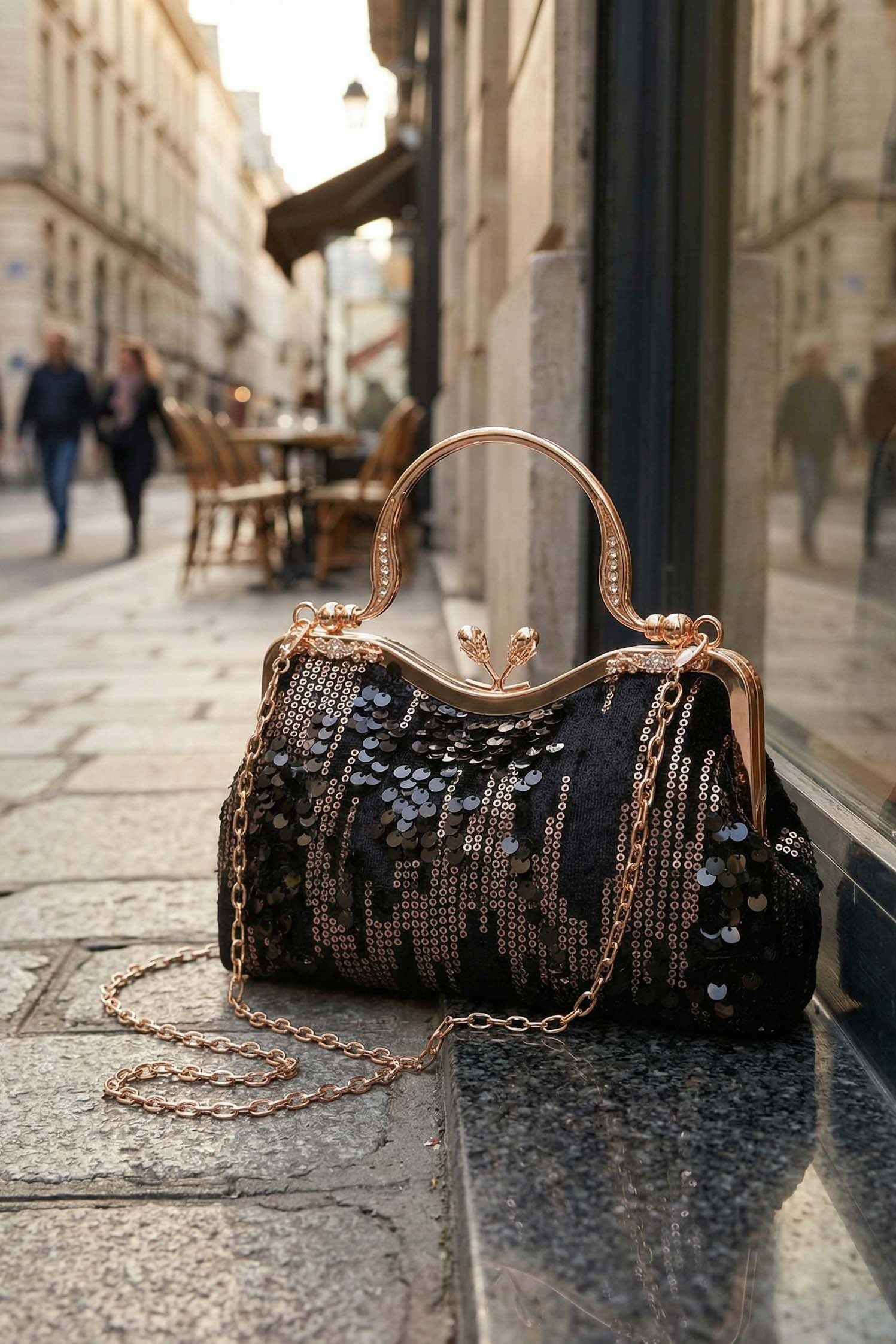 Kadın Siyah Kadife Gold Pullu Clutch