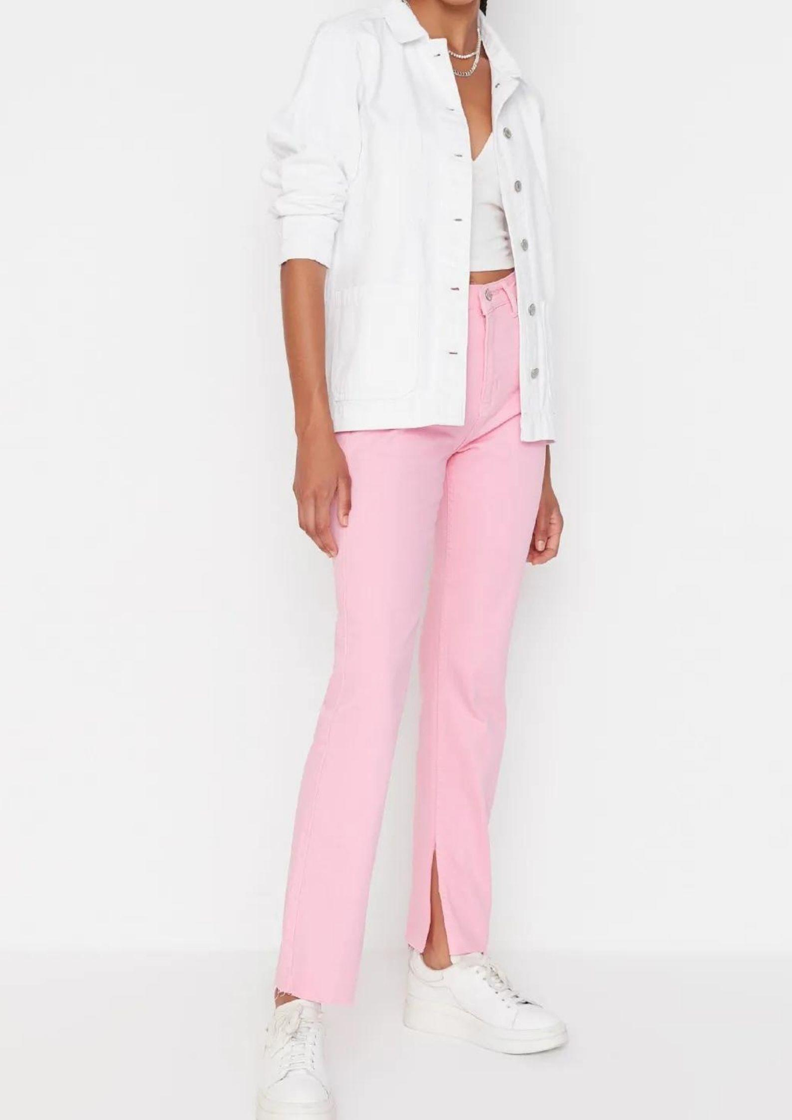 Pembe Yırtmaçlı Yüksek Bel Slim Flare Jean
