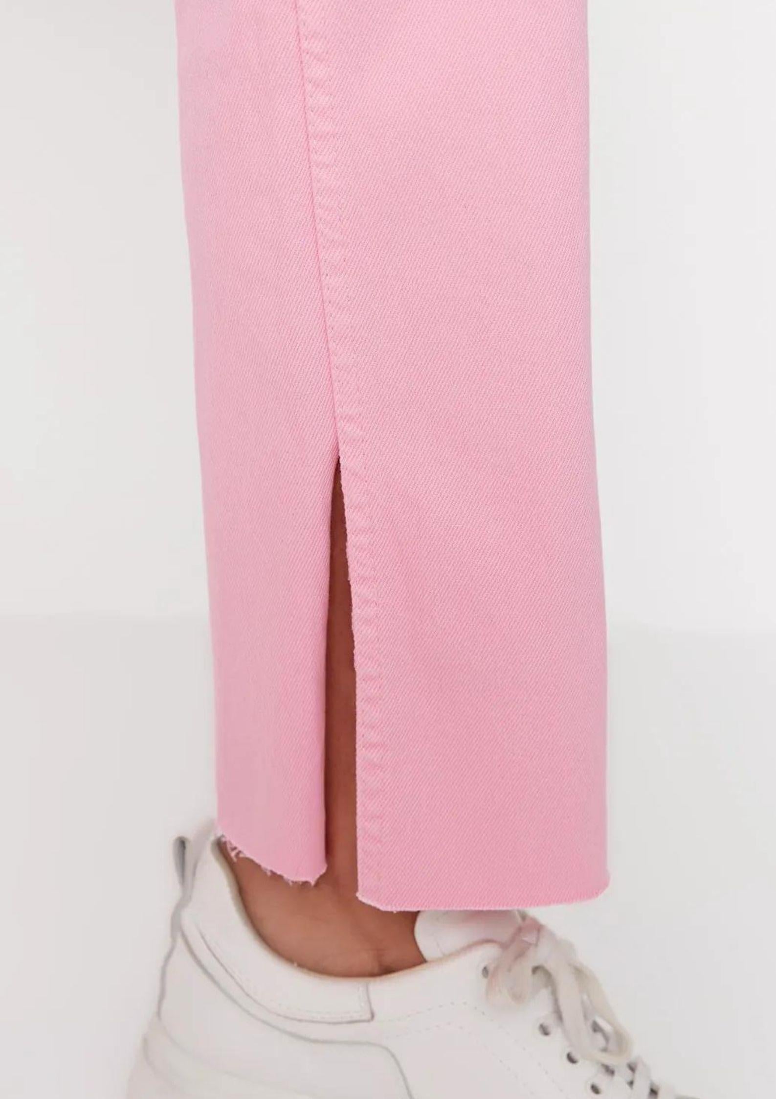 Pembe Yırtmaçlı Yüksek Bel Slim Flare Jean