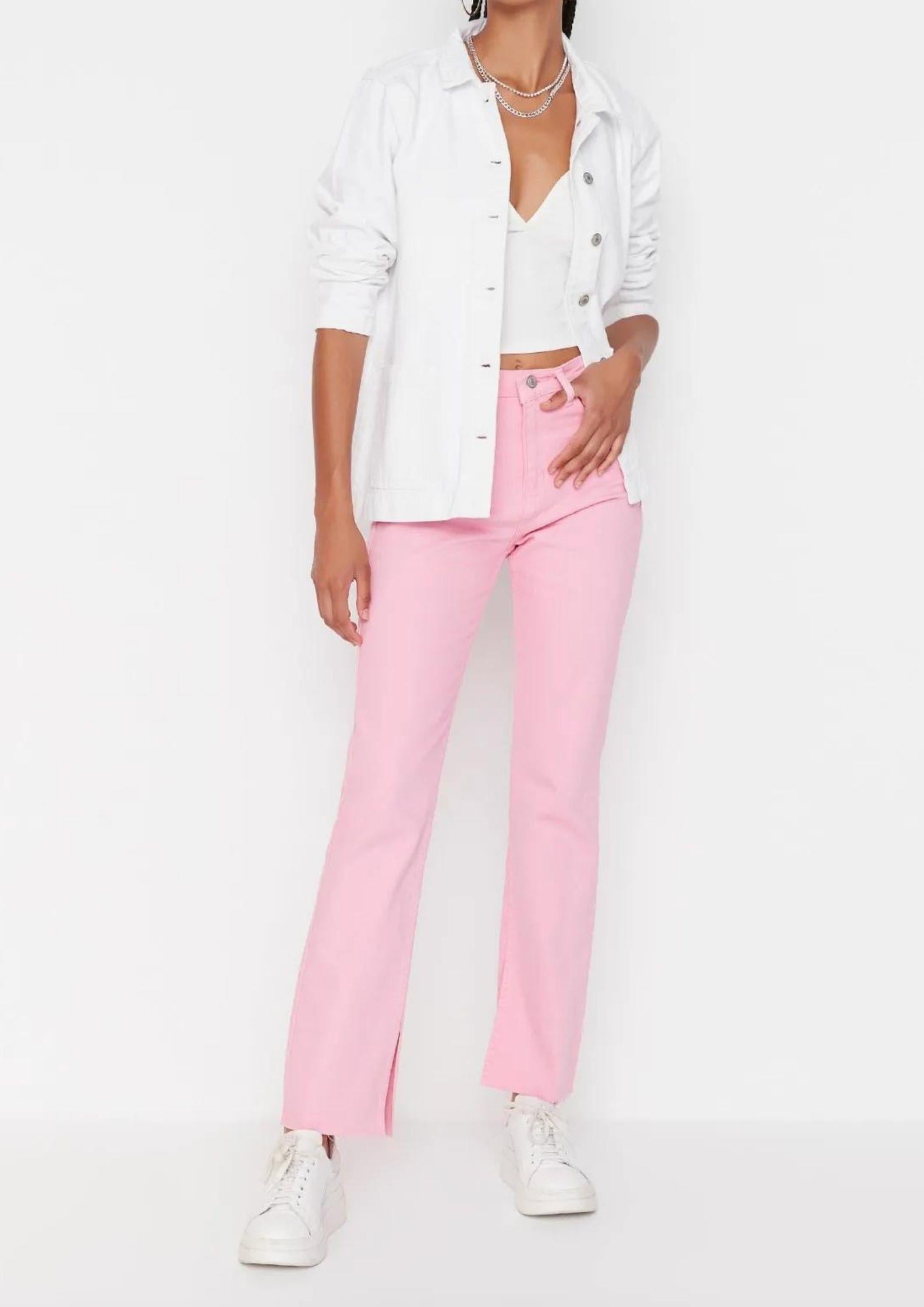 Pembe Yırtmaçlı Yüksek Bel Slim Flare Jean