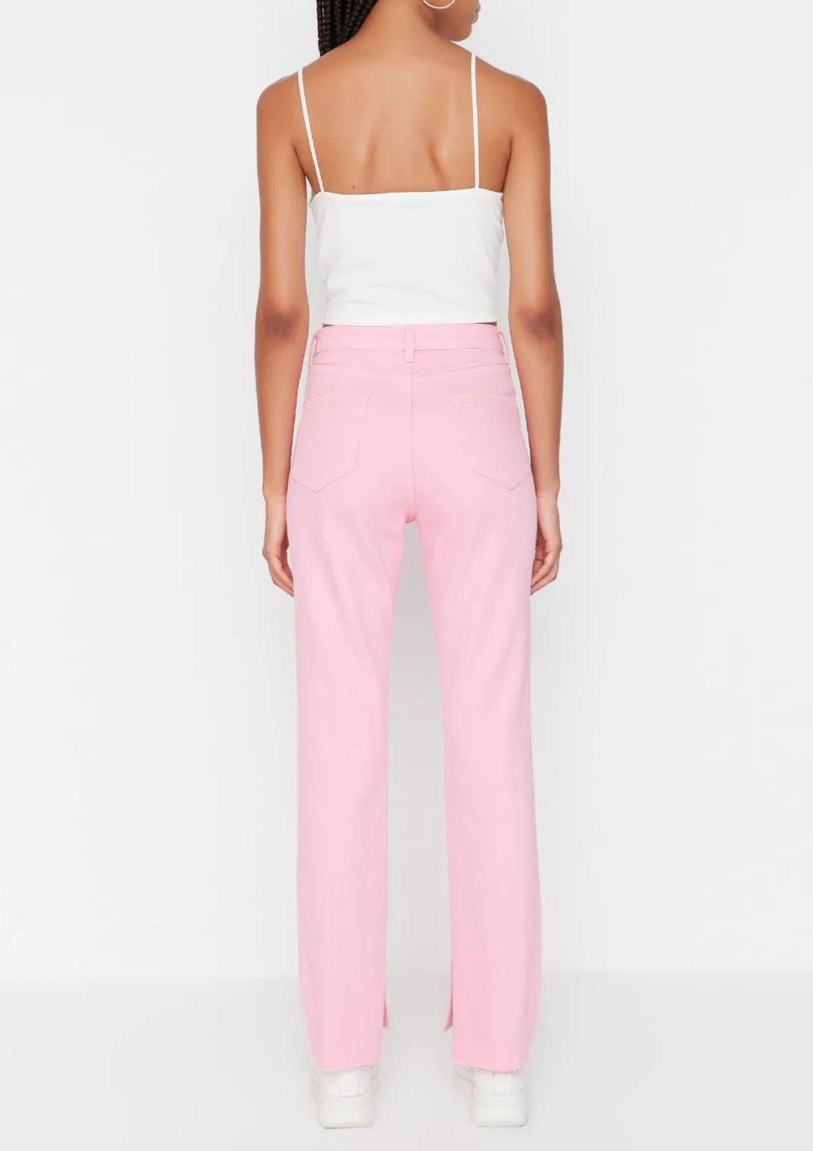 Pembe Yırtmaçlı Yüksek Bel Slim Flare Jean