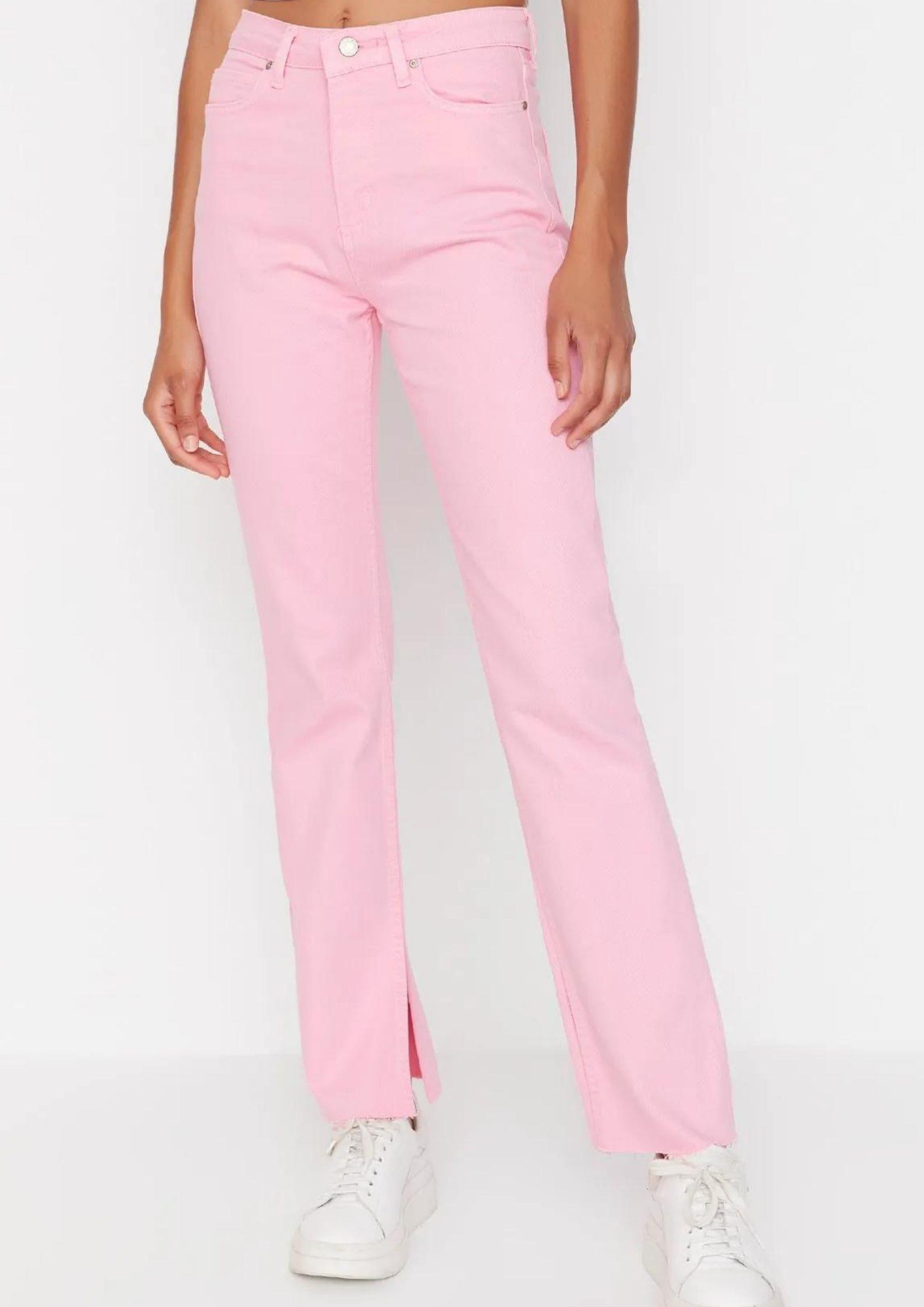 Pembe Yırtmaçlı Yüksek Bel Slim Flare Jean