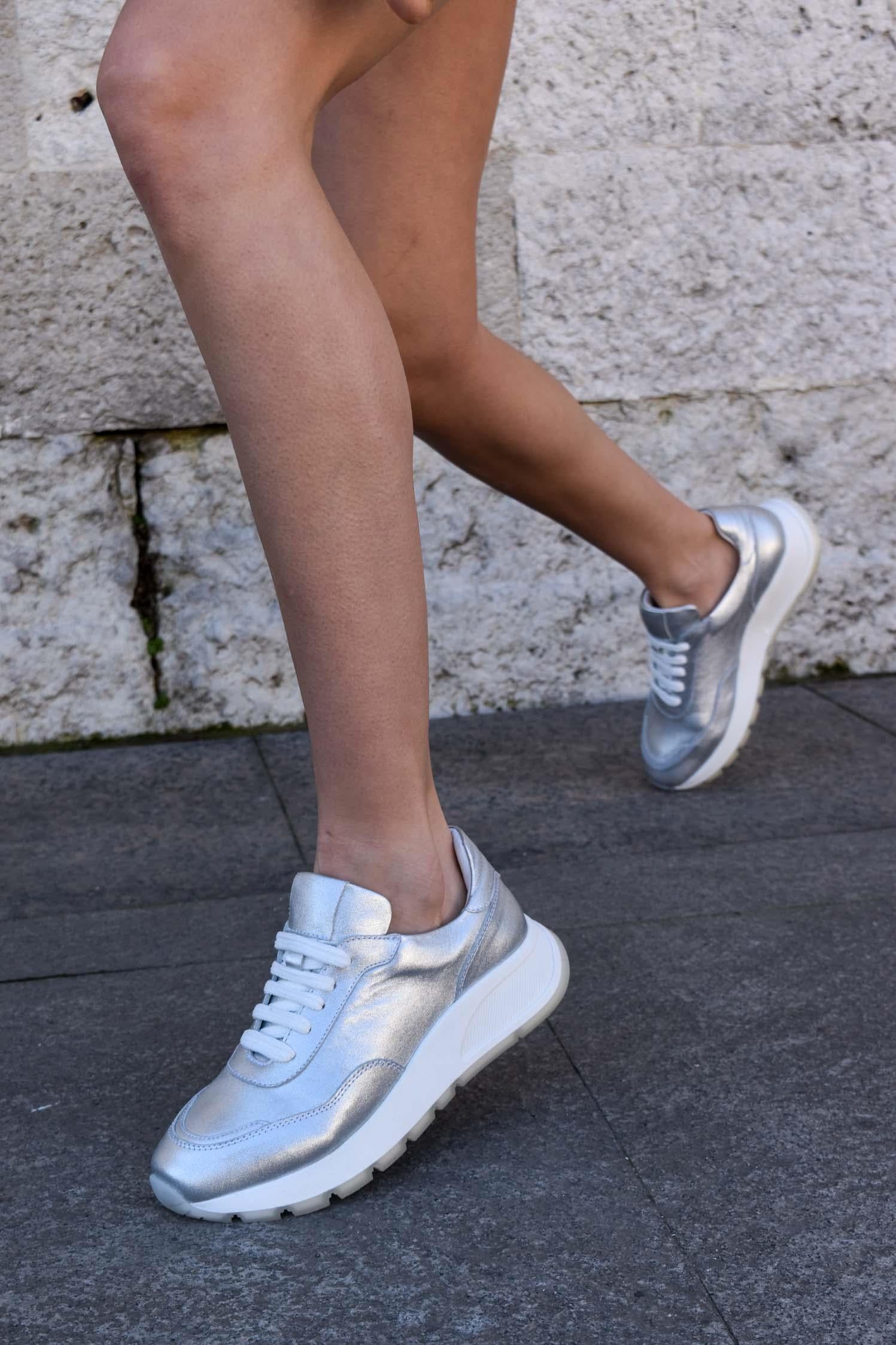 Shine Gümüş Deri Kadın Sneaker