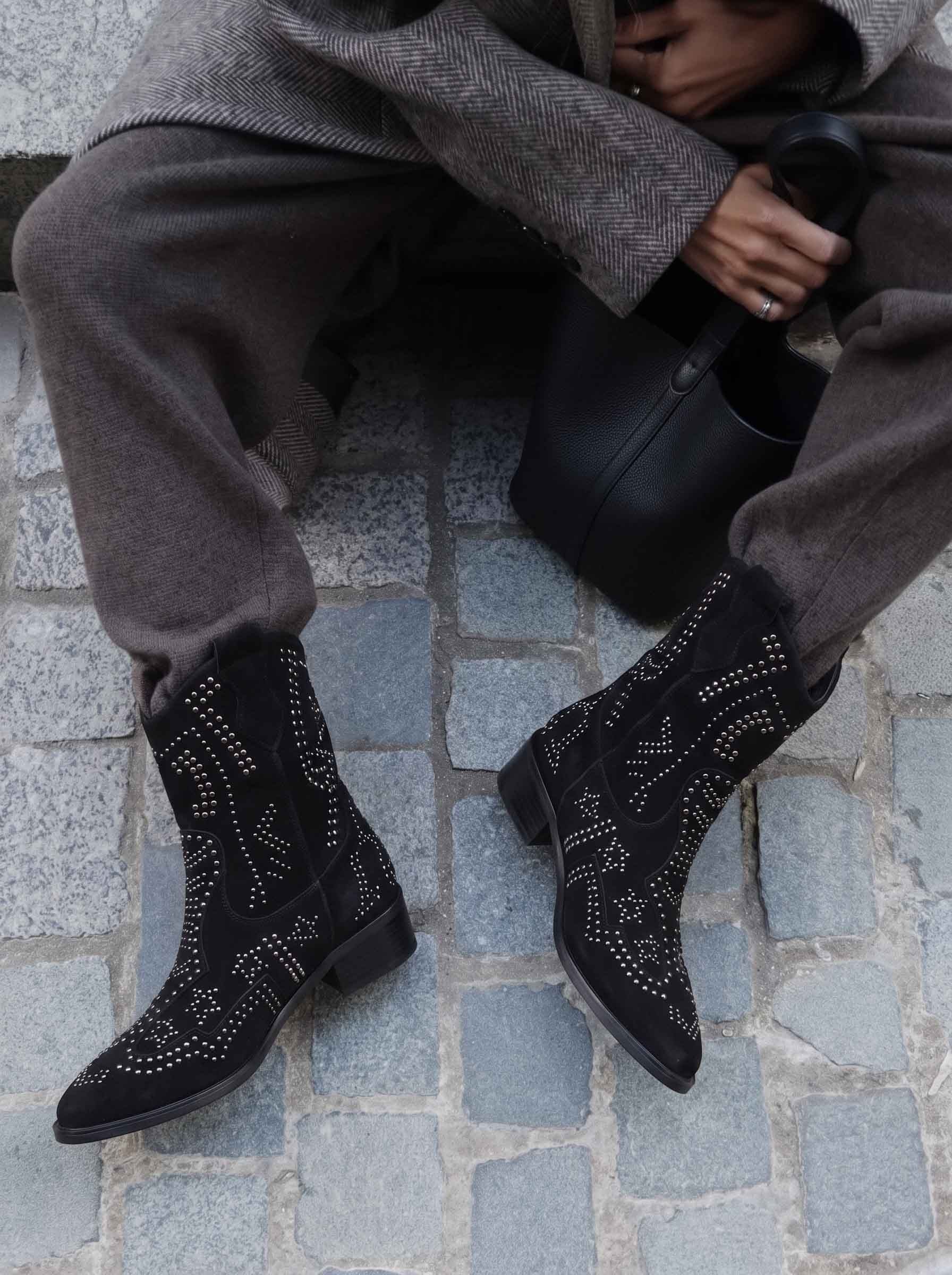 Snape Siyah Süet Kadın Trok Detaylı Kovboy Bot