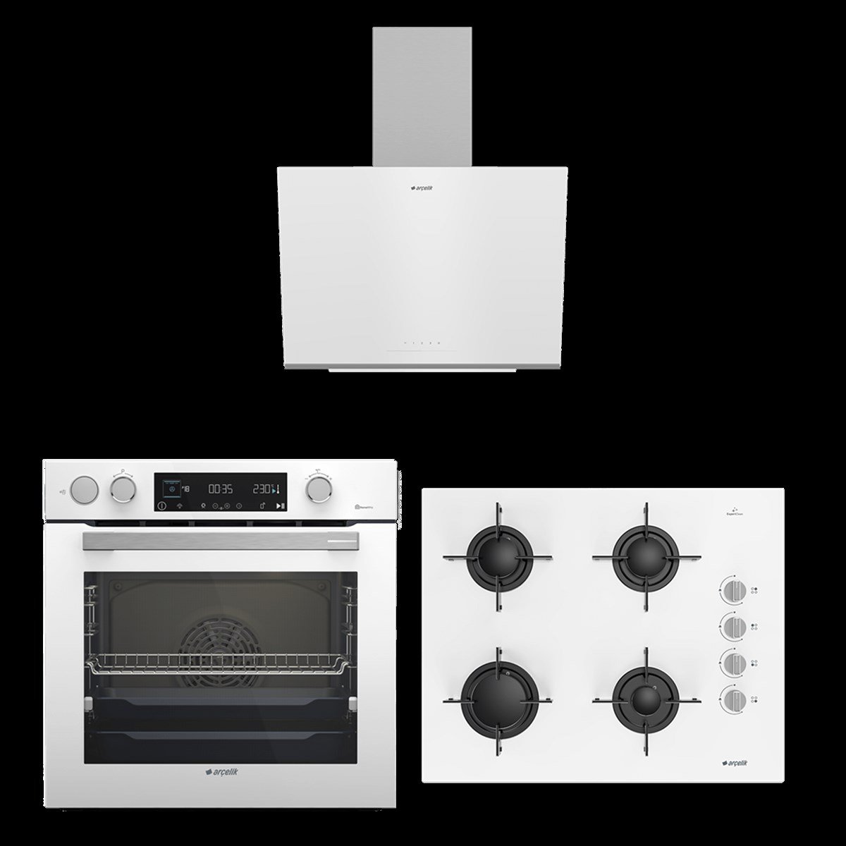Arçelik Beyaz Cam Lüks Ankastre Set (AFC 470 B - ADE 606-2 B - OCD T 651 EB)