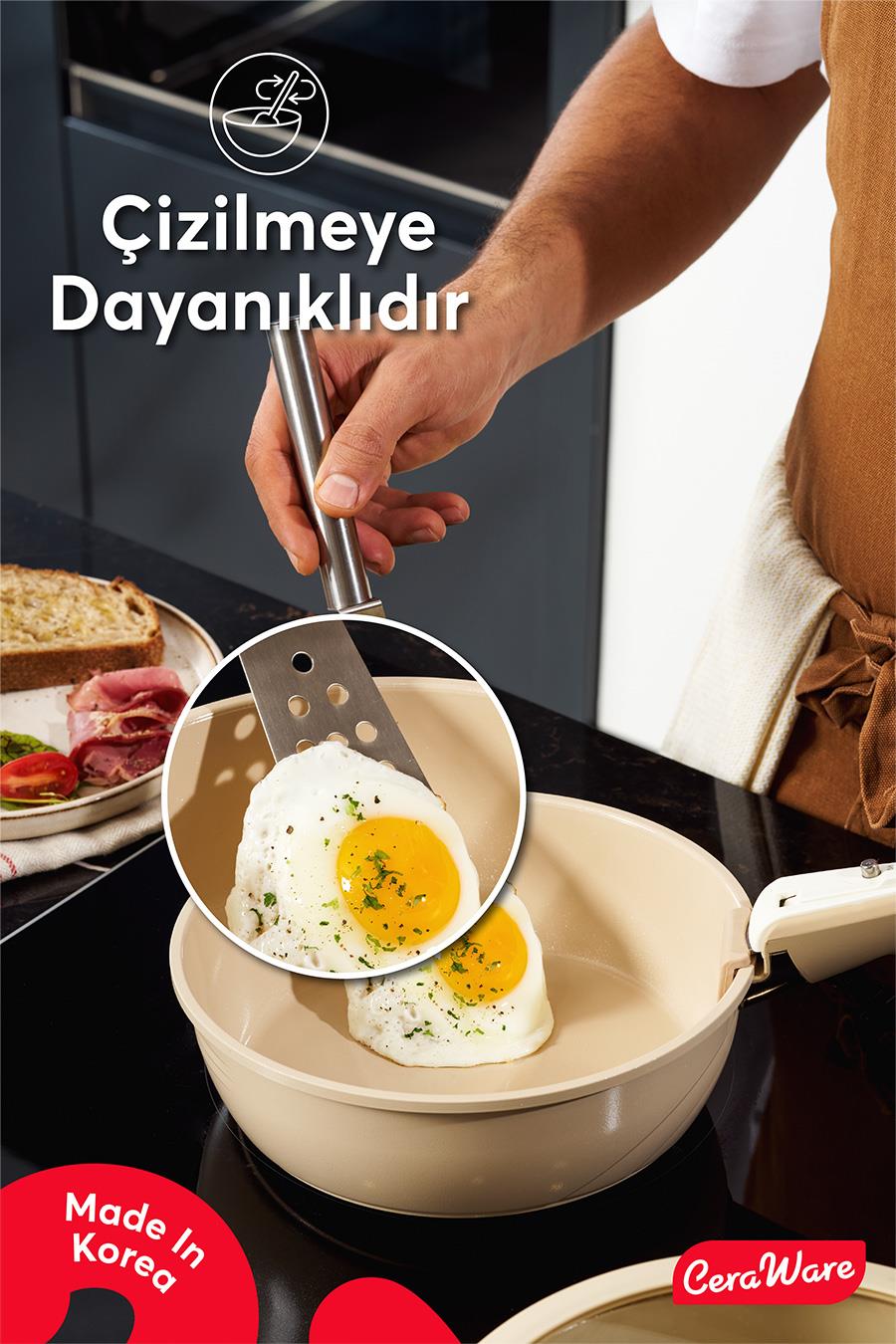 Ceraware Hona Daily 9 Parça Tak Çıkar Saplı Iç Içe Geçebilen Seramik Yapışmaz Tencere Tava Seti Bej
