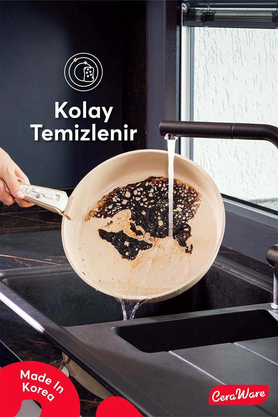 Ceraware Hona Daily 9 Parça Tak Çıkar Saplı Iç Içe Geçebilen Seramik Yapışmaz Tencere Tava Seti Bej