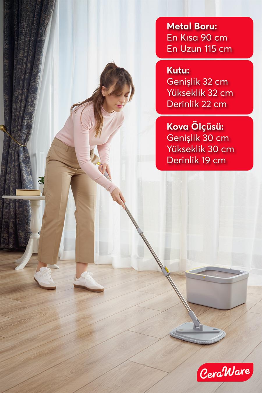 Ceraware Temiz ile Kirli Suyu Ayıran Kare Mop +2 Yedek Bez Hediyeli Otomatik Hijyen Temizlik Seti