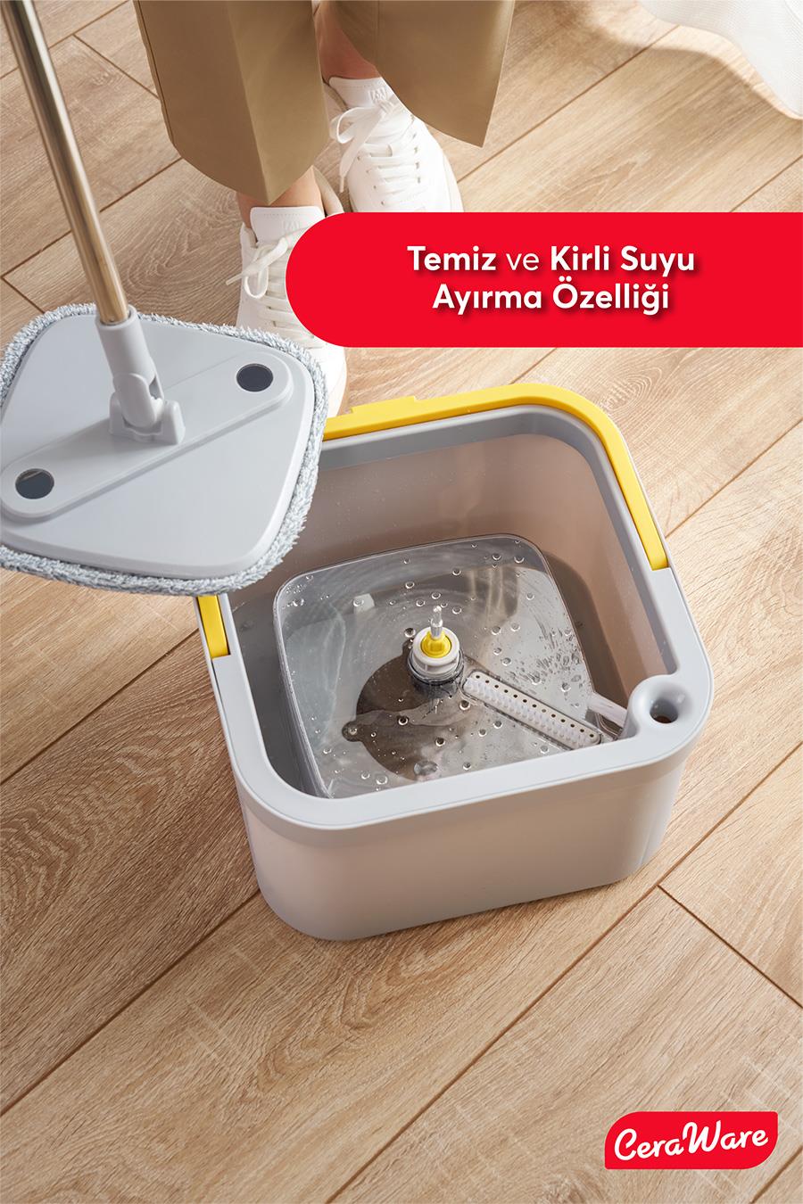 Ceraware Temiz ile Kirli Suyu Ayıran Kare Mop +2 Yedek Bez Hediyeli Otomatik Hijyen Temizlik Seti