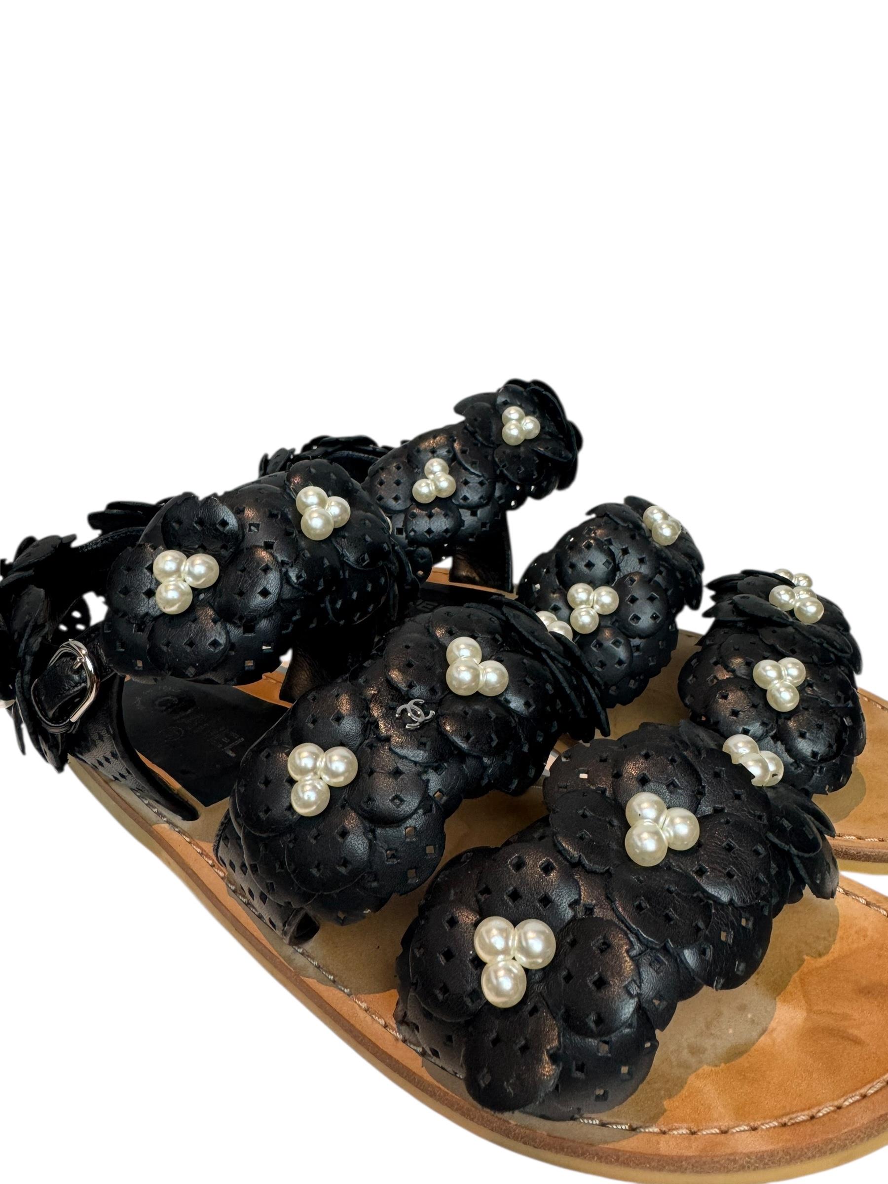 CHANEL BLACK CAMELIA LEATHER SANDALS
