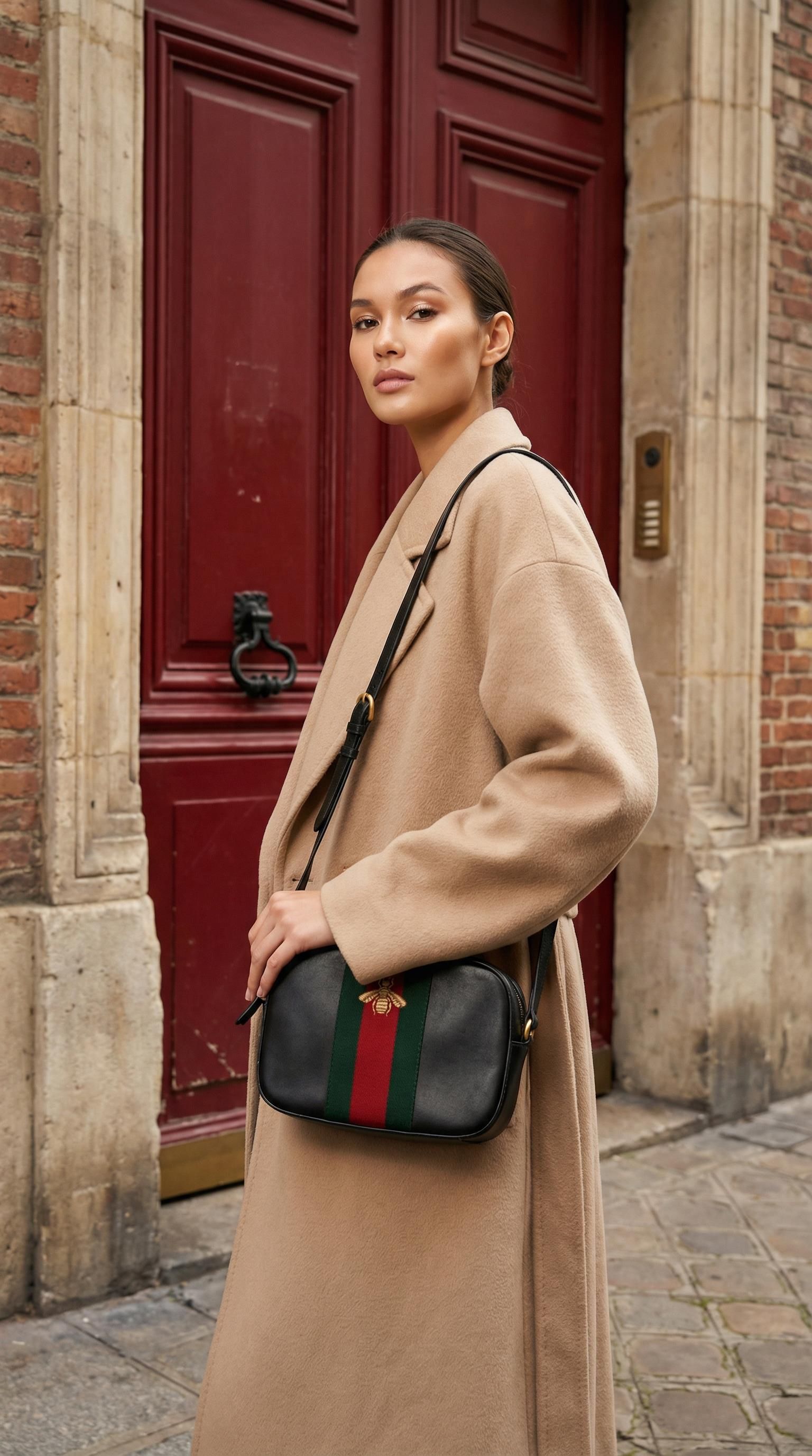  GUCCI LEATHER WEBBY BEE CAMERA BAG