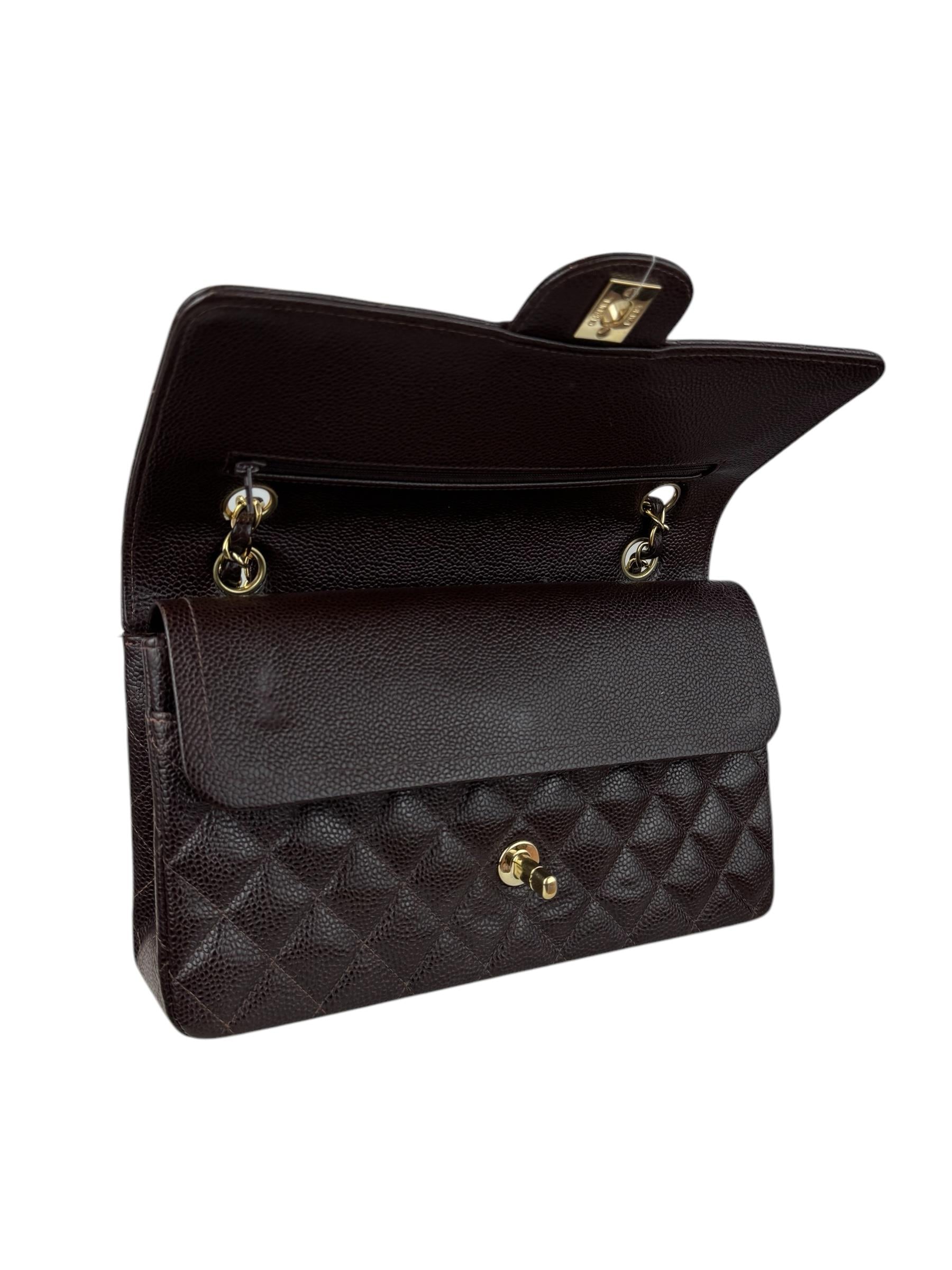 CHANEL 2.55 MEDIUM GOLD CAVIAR LEATHER DOUBLE FLAP  DARK BROWN BAG