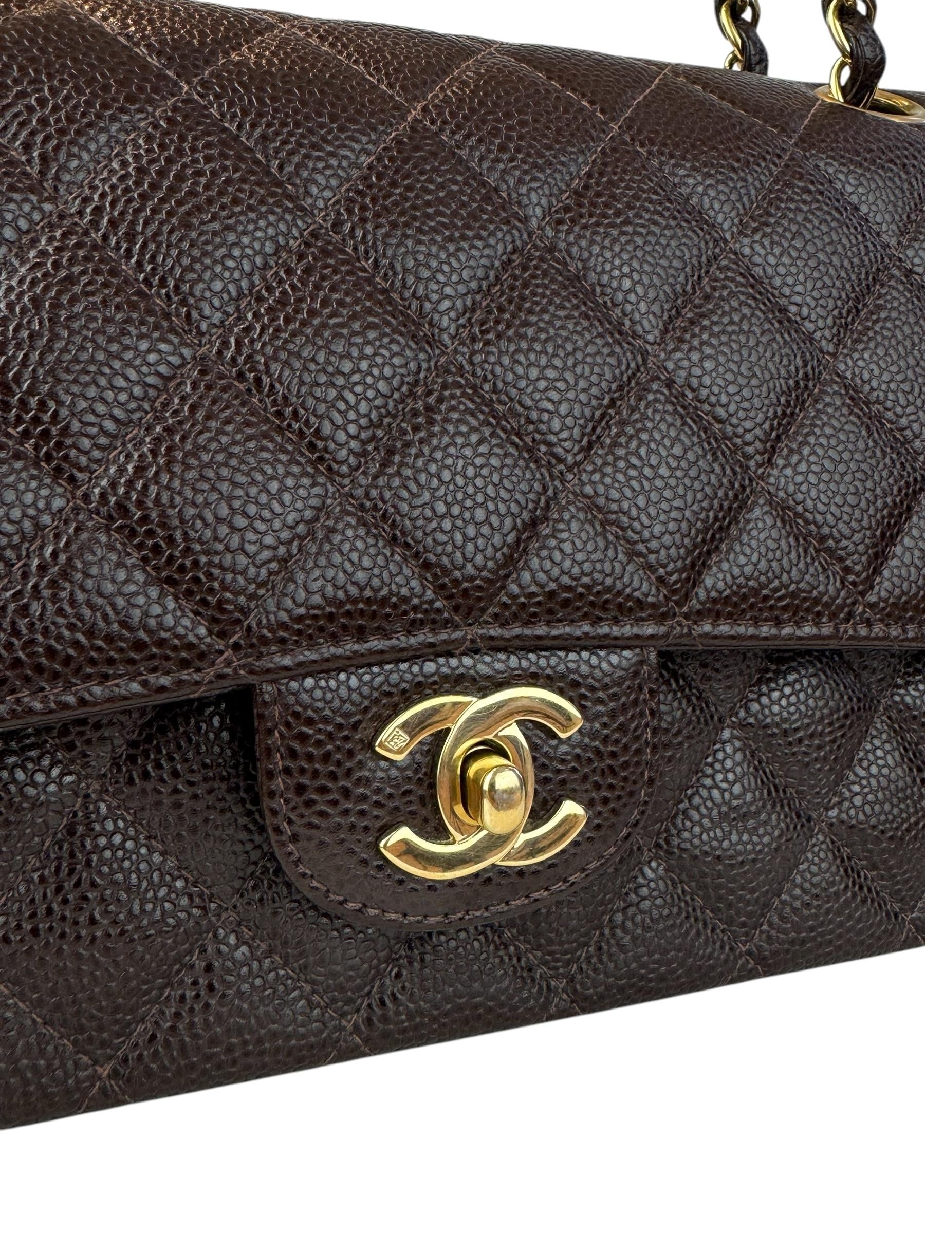 CHANEL 2.55 MEDIUM GOLD CAVIAR LEATHER DOUBLE FLAP  DARK BROWN BAG