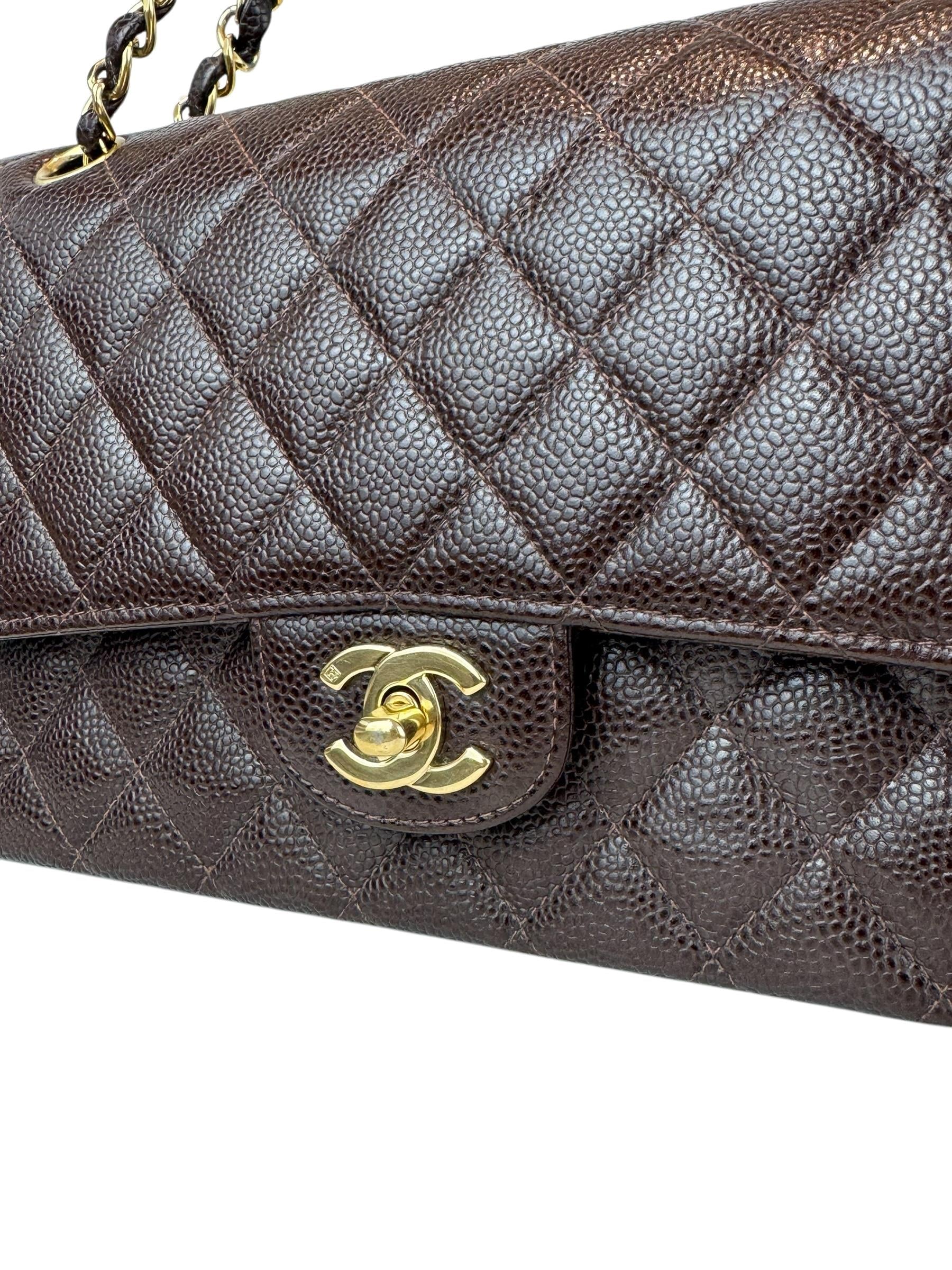CHANEL 2.55 MEDIUM GOLD CAVIAR LEATHER DOUBLE FLAP  DARK BROWN BAG