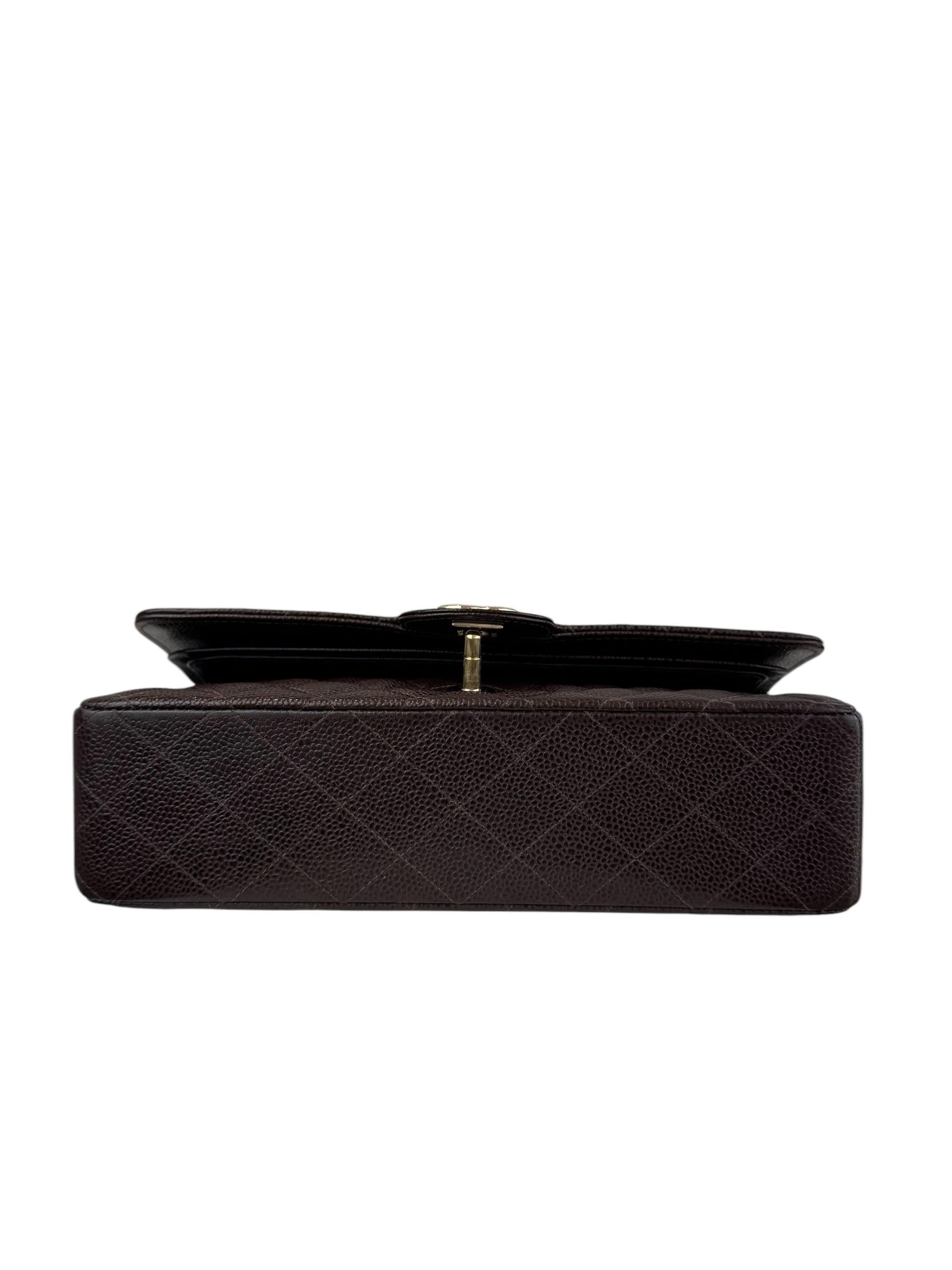 CHANEL 2.55 MEDIUM GOLD CAVIAR LEATHER DOUBLE FLAP  DARK BROWN BAG