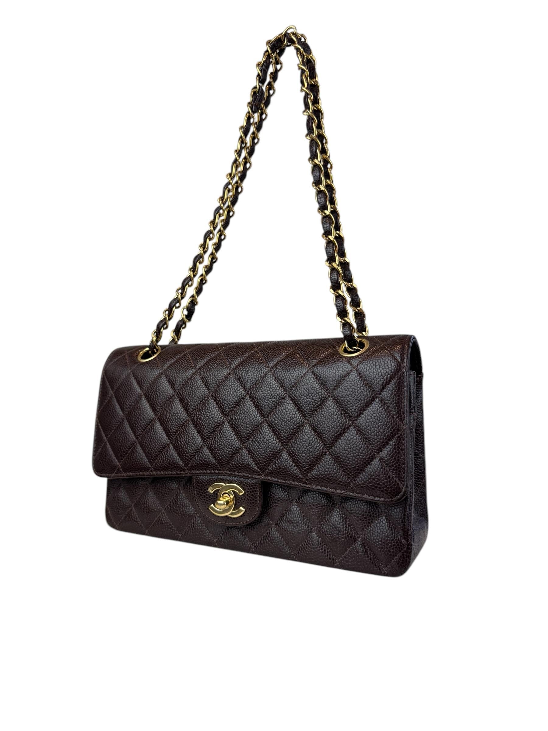 CHANEL 2.55 MEDIUM GOLD CAVIAR LEATHER DOUBLE FLAP  DARK BROWN BAG