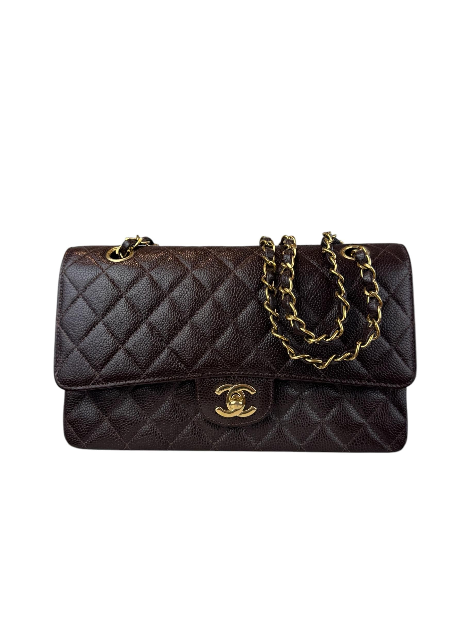 CHANEL 2.55 MEDIUM GOLD CAVIAR LEATHER DOUBLE FLAP  DARK BROWN BAG