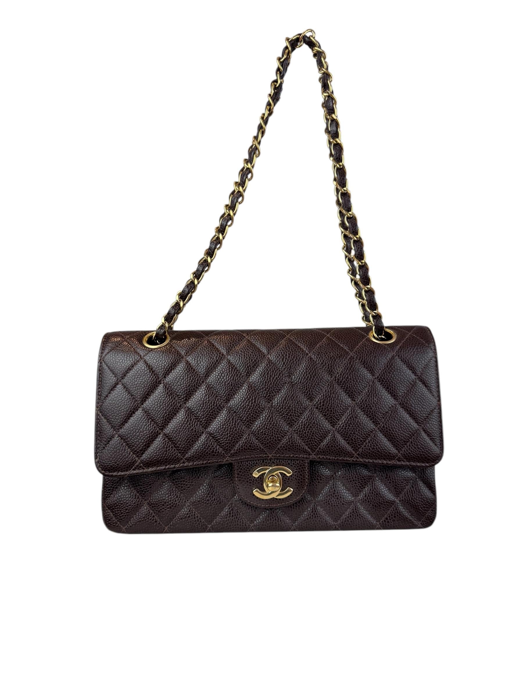 CHANEL 2.55 MEDIUM GOLD CAVIAR LEATHER DOUBLE FLAP  DARK BROWN BAG