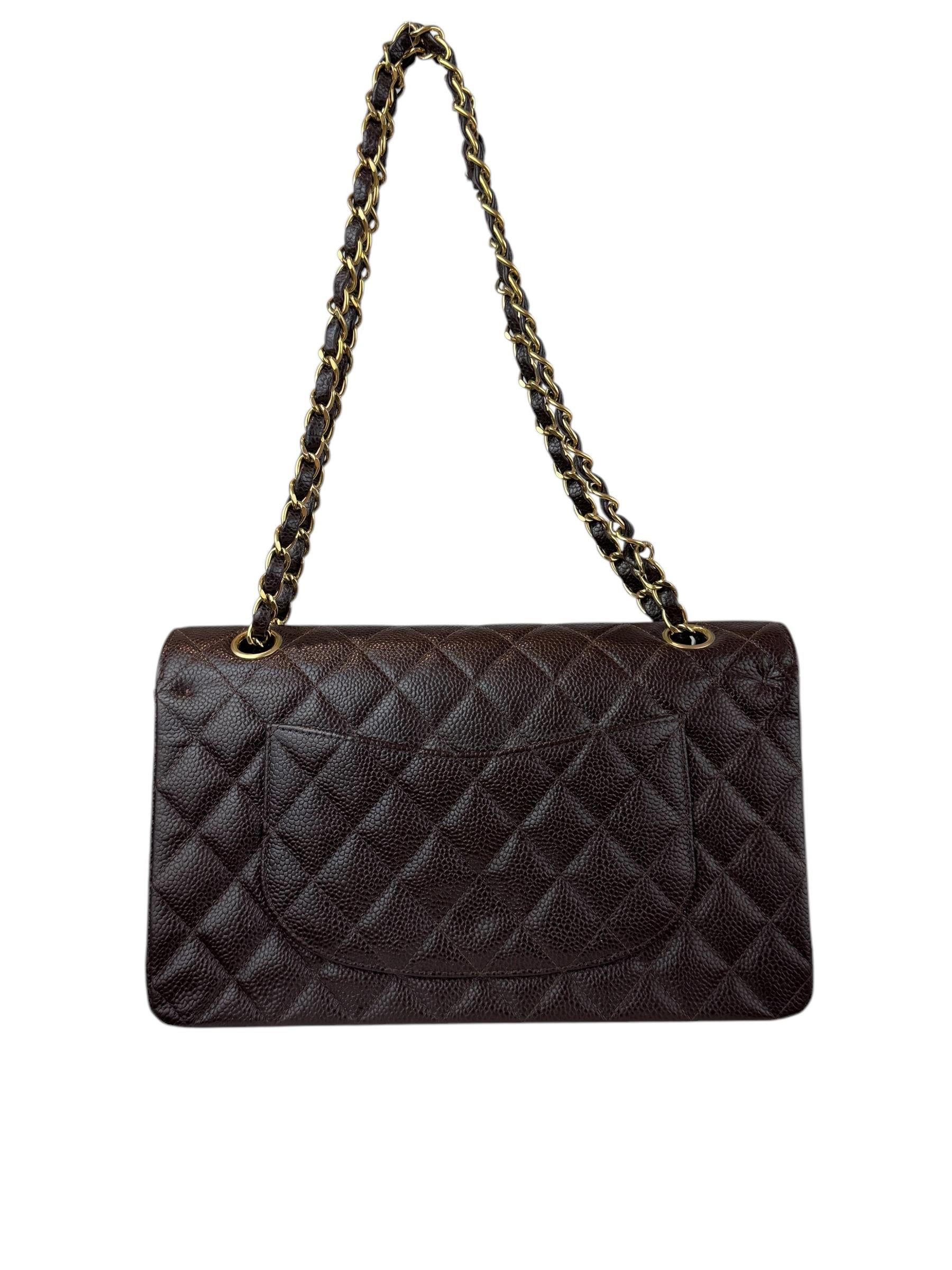 CHANEL 2.55 MEDIUM GOLD CAVIAR LEATHER DOUBLE FLAP  DARK BROWN BAG