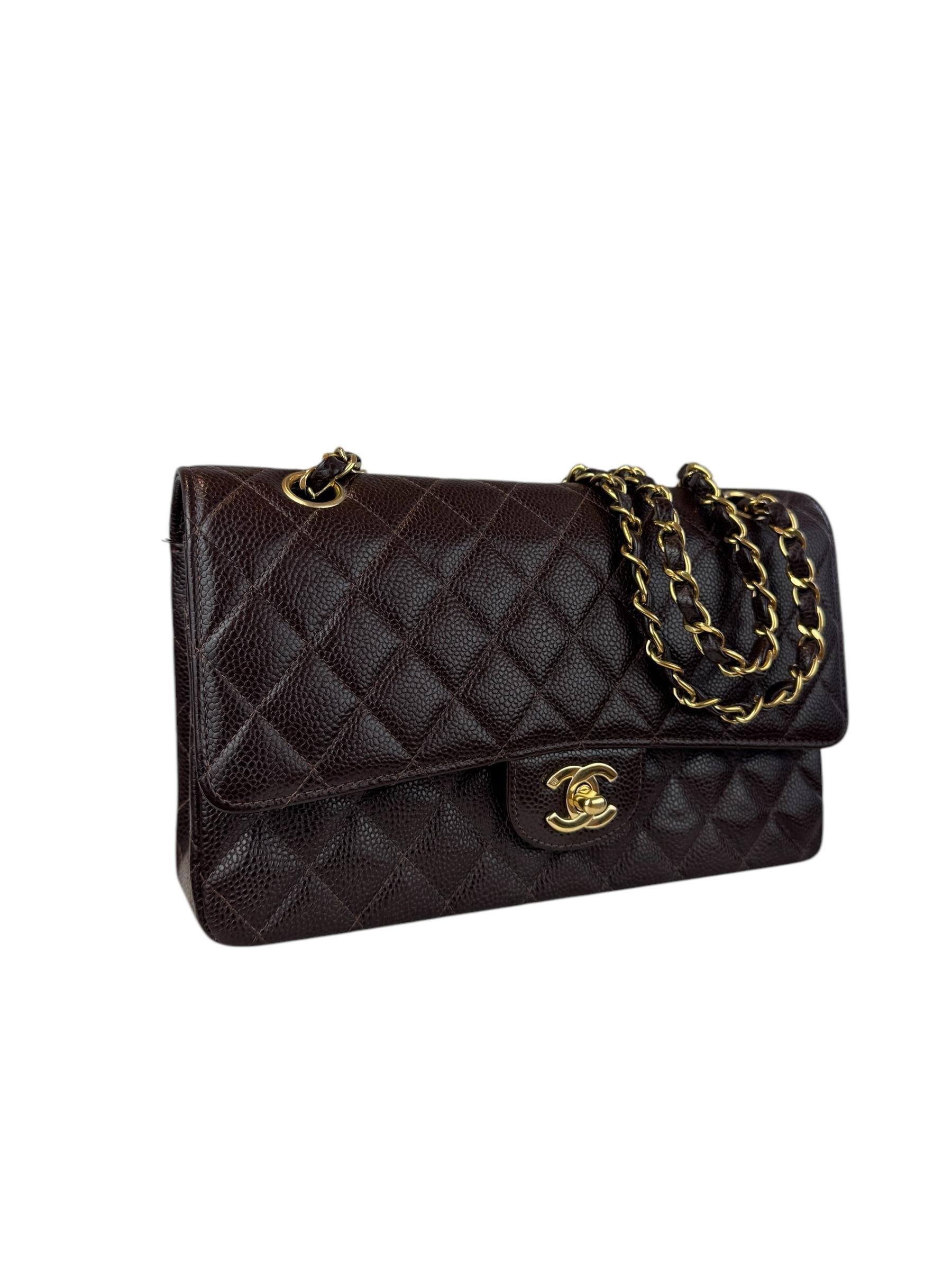 CHANEL 2.55 MEDIUM GOLD CAVIAR LEATHER DOUBLE FLAP  DARK BROWN BAG