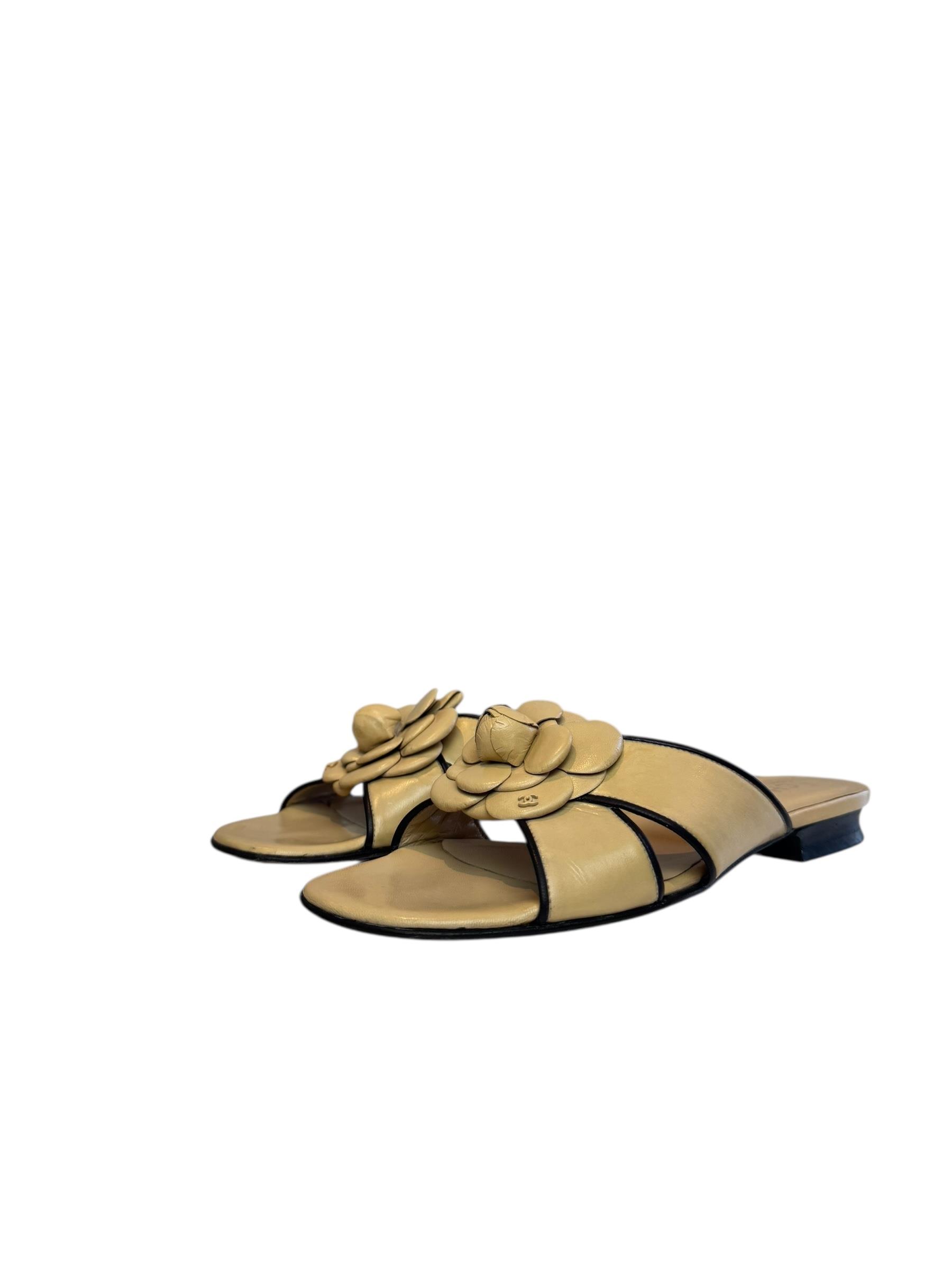 CHANEL BEIGE CAMELLIA LEATHER SANDALS