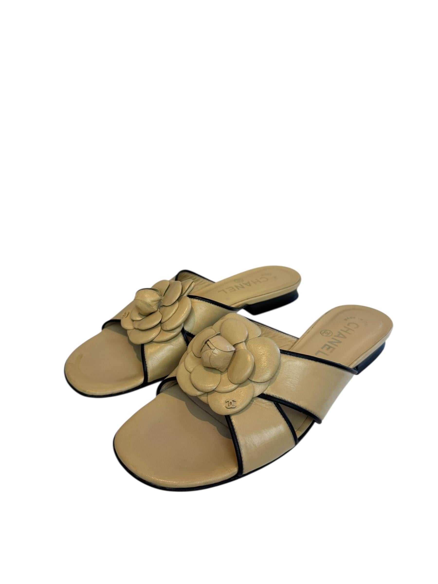 CHANEL BEIGE CAMELLIA LEATHER SANDALS